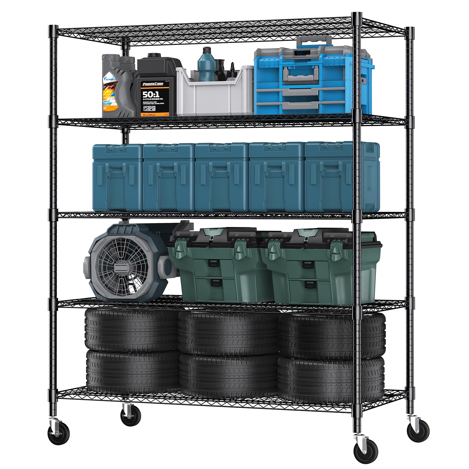 5 Tier Wire Shelving with Wheels Heavy Duty Height Adjustable Metal Shelves for Storage (5 Count)