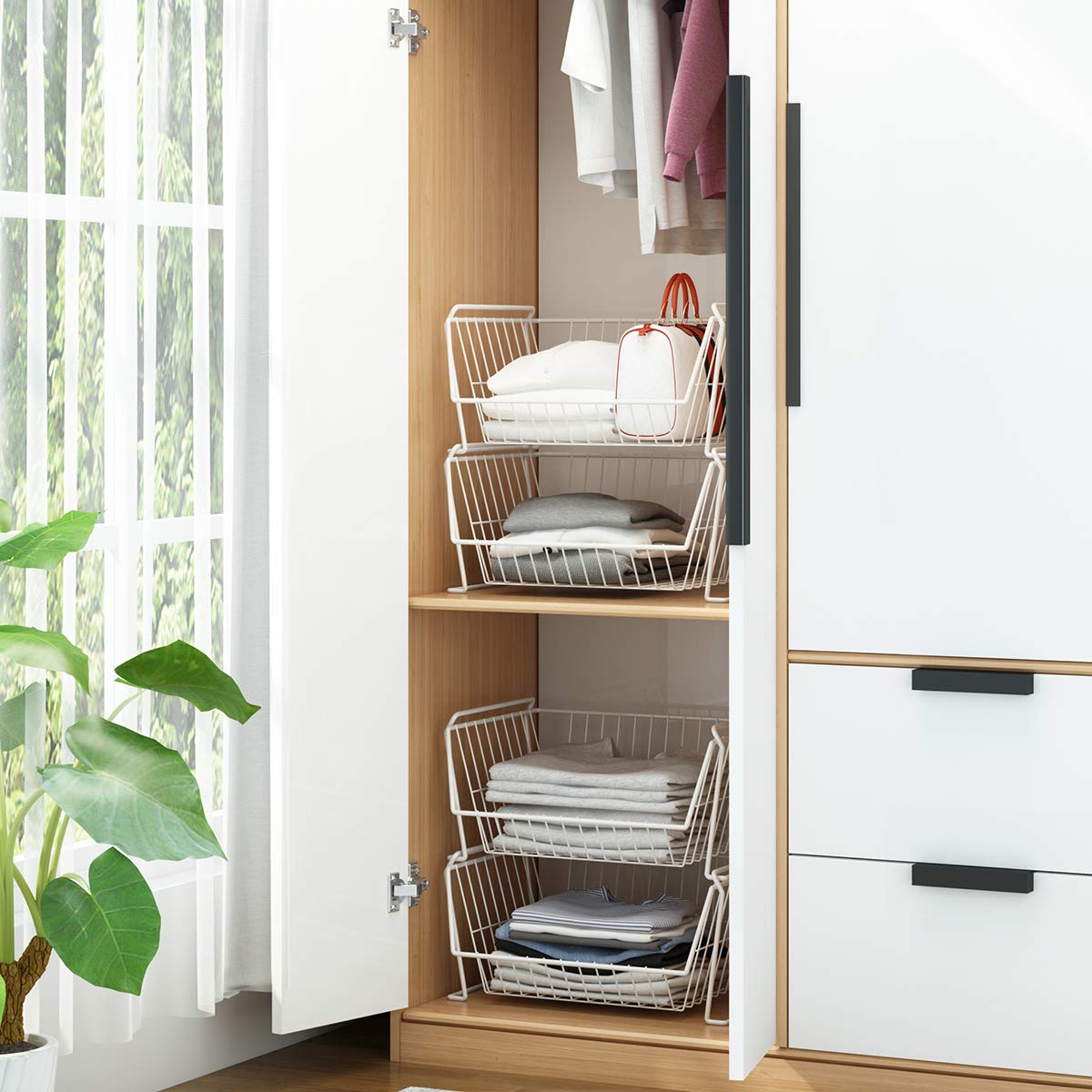4 Tier Spacious Stackable Wire Storage Baskets with Wheels
