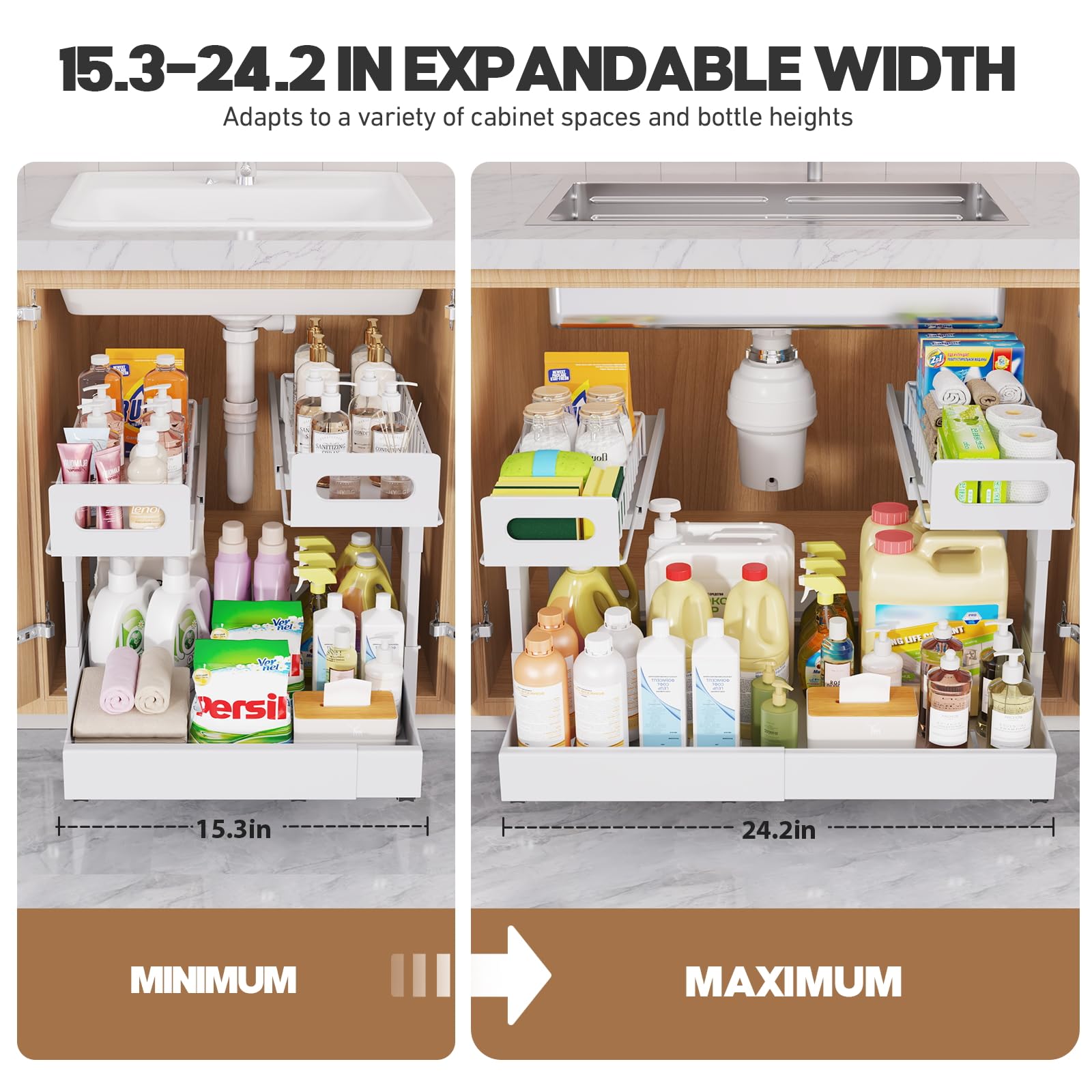1 Pack Expandable Under Sink Organizers Storage With Upgrade Ball