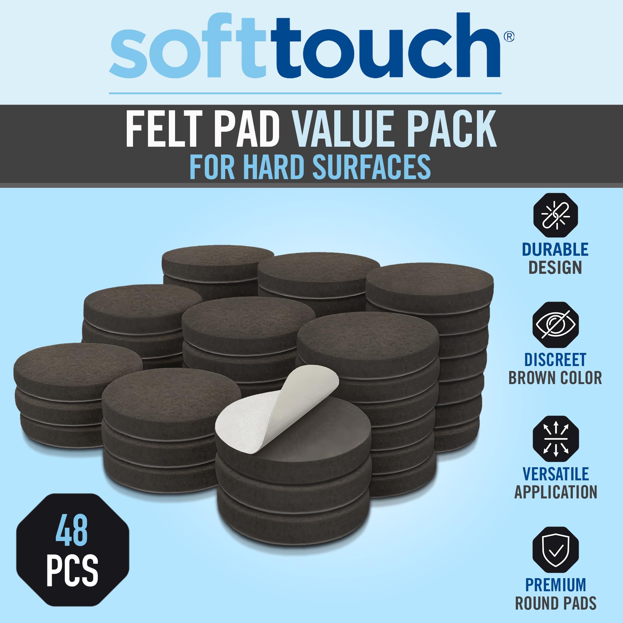 SoftTouch 1" Round Reusable Felt Furniture Sliders for Hard Surfaces (48 Count)