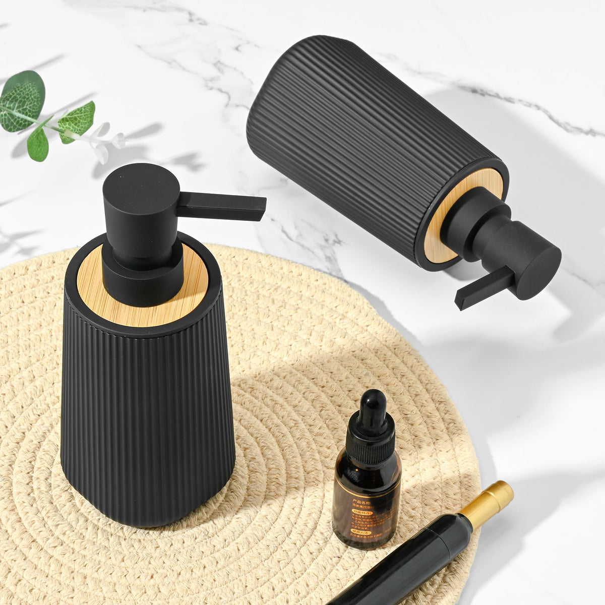 Black Hand Soap Dispenser Set with Bamboo Decor (2 Count)