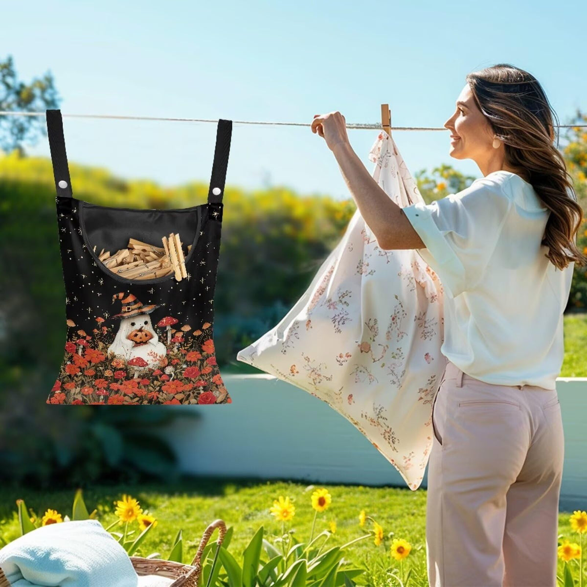 Halloween Ghost Clothespin Bag Laundry Hanging Storage Organizer with Rope Red Mushroom Clothespin Holder with Large Opening for Clothesline Outdoor Clothespins Storage