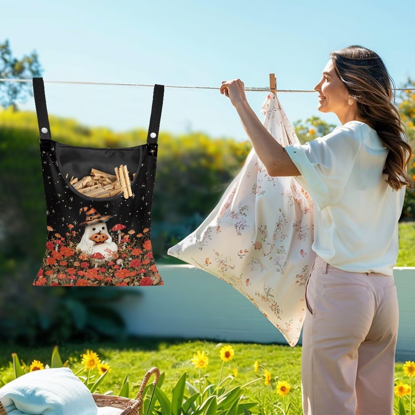 Halloween Ghost Clothespin Bag Laundry Hanging Storage Organizer with Rope Red Mushroom Clothespin Holder with Large Opening for Clothesline Outdoor Clothespins Storage