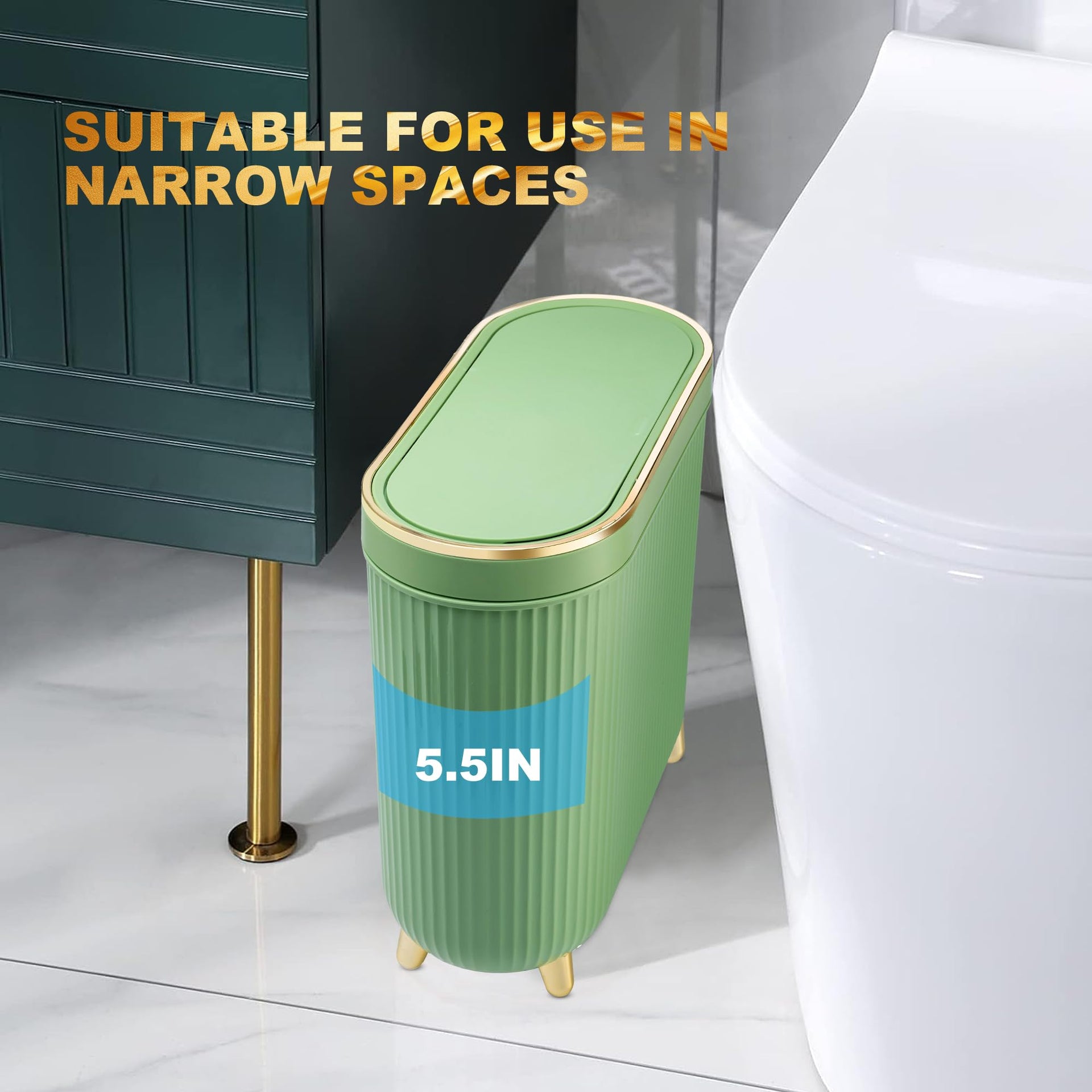 Bathroom Trash Can with Lid 3.2 Gallon Narrow Trash Can Small Plastic Trash Bin 12 Liter with Press Type Lid for Bedroom Bathroom