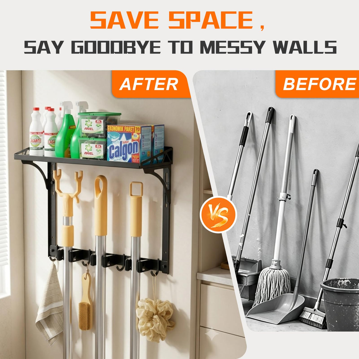 Broom Holder Wall Mount with Cleaning Supplies Organizer
