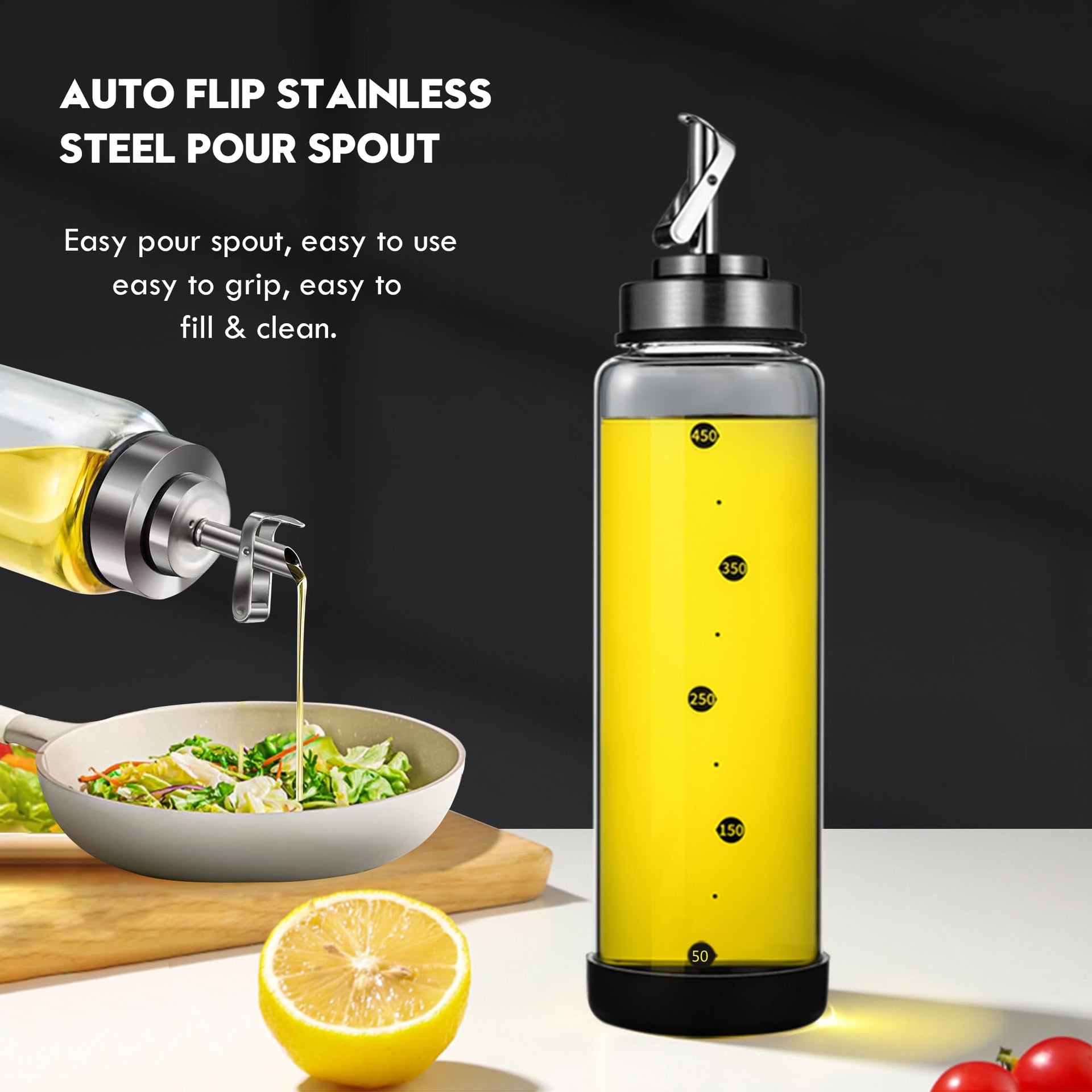 Glass Olive Oil Dispenser Bottle for Kitchen Shatterproof & Leakproof Oil and Vinegar Dispenser Set with Stainless Steel Spout & Rubber Bottom 17 oz Olive Oil Bottle for Cooking