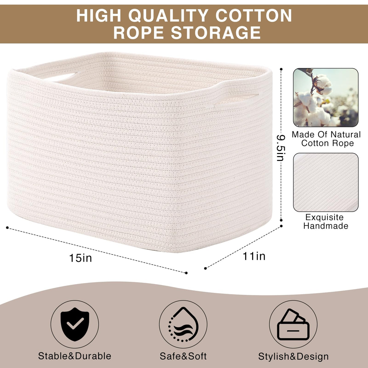 Storage Baskets for Organizing Shelves 15x11x9.5 Off White 3 Packs (3 Count)