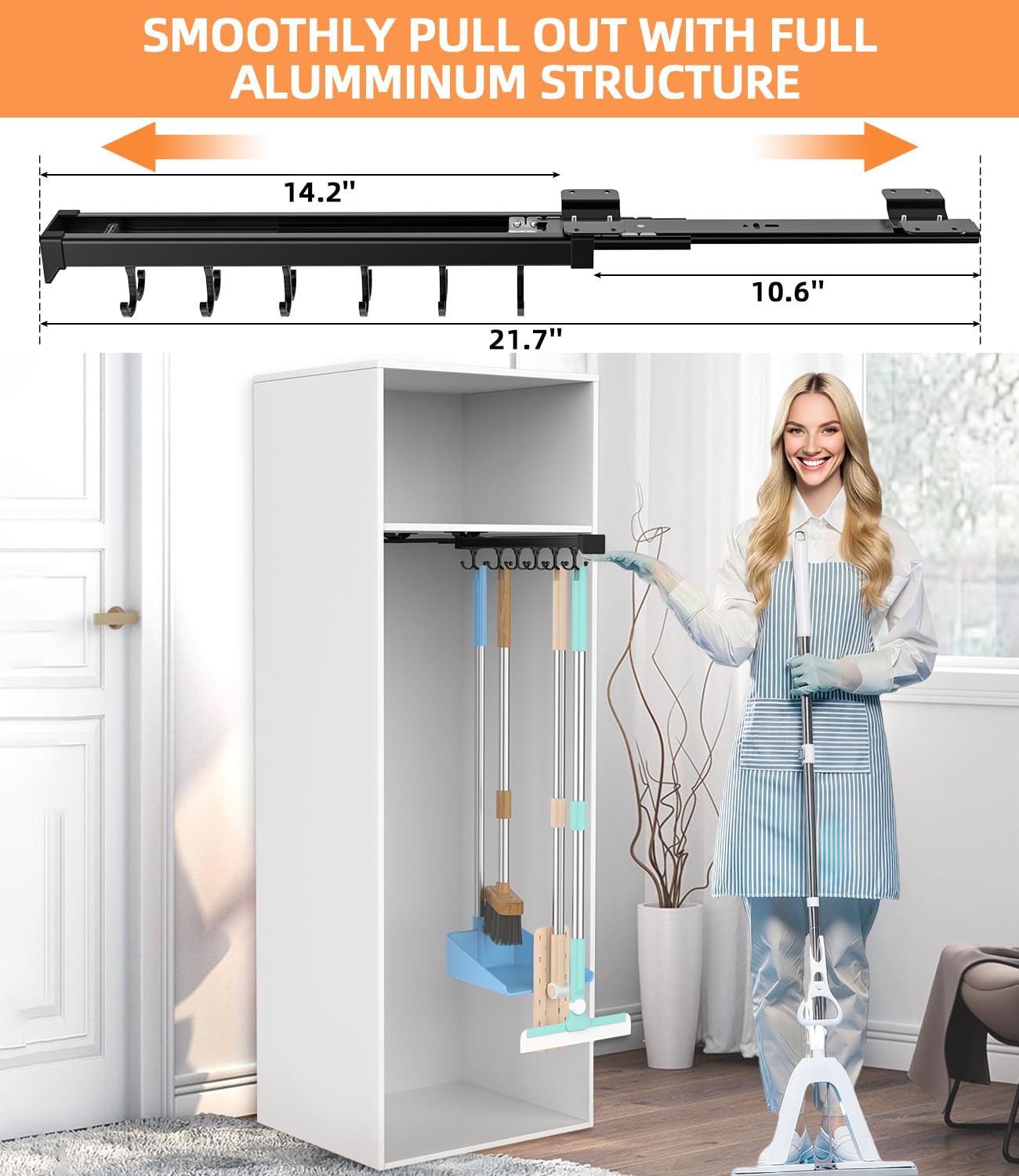 Pull Out Broom Holder With Adjustable Double Row Sliding Hook