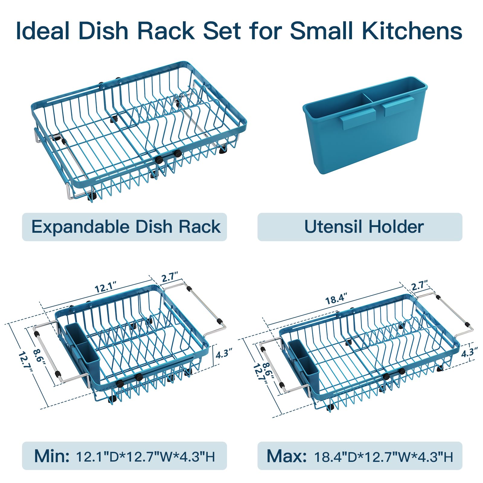 Blue Dish Drying Rack Over The Sink with Utensil Holder