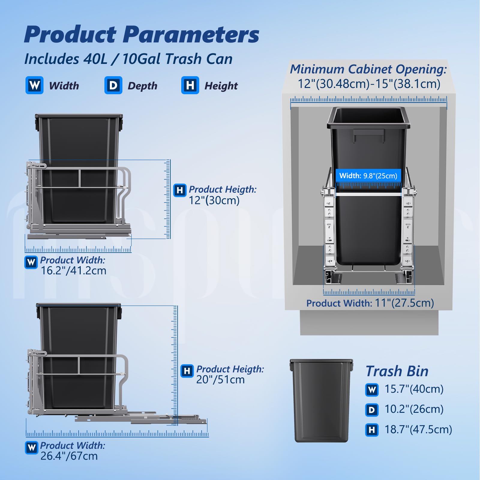10 Gal Pull Out Trash Can Under Cabinet with Tiltable 10°