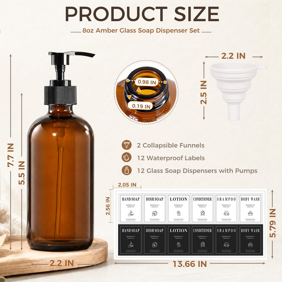 12 Pack 8oz Amber Glass Bottles with Pump Dispensers (12 Count)
