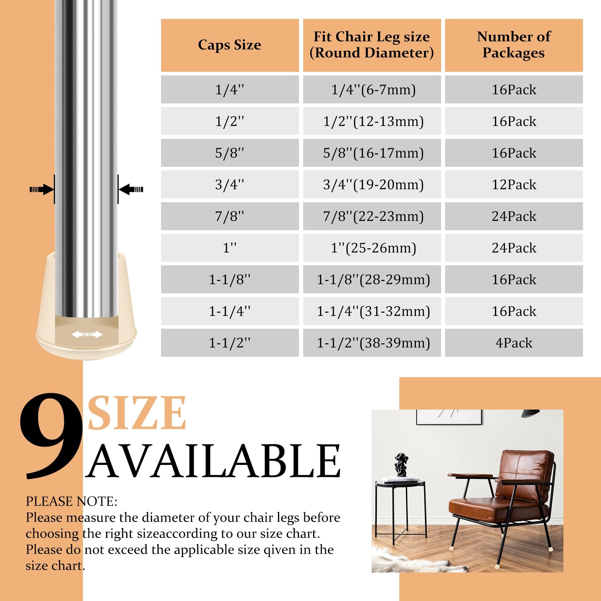 1" Round Rubber Chair Leg Tips Caps (24 Count)
