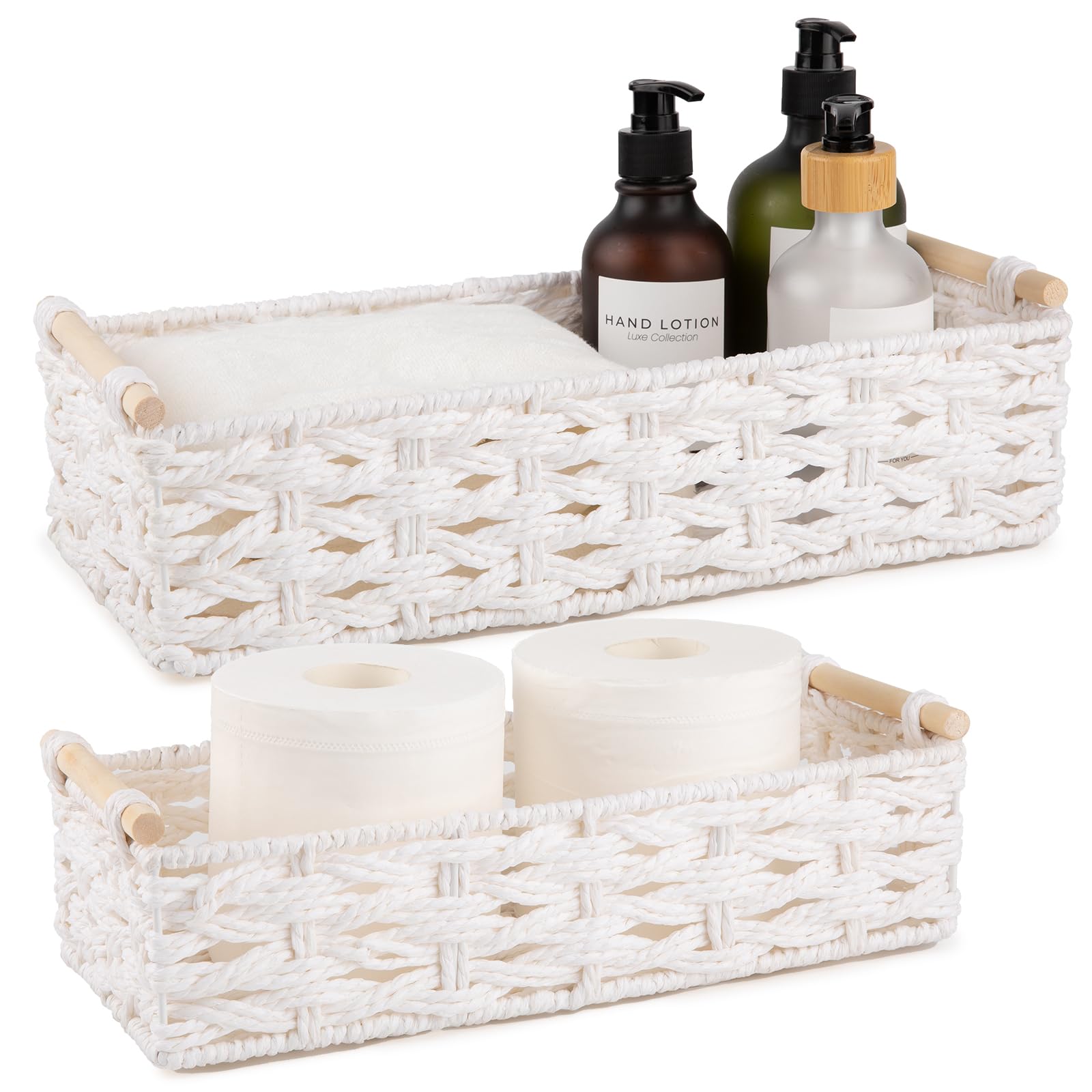 Toilet Paper Baskets Handmade Paper Rope Decorative Wicker Storage Tank Shelf Cabinet Organizer for Bathroom Home (2 Count)