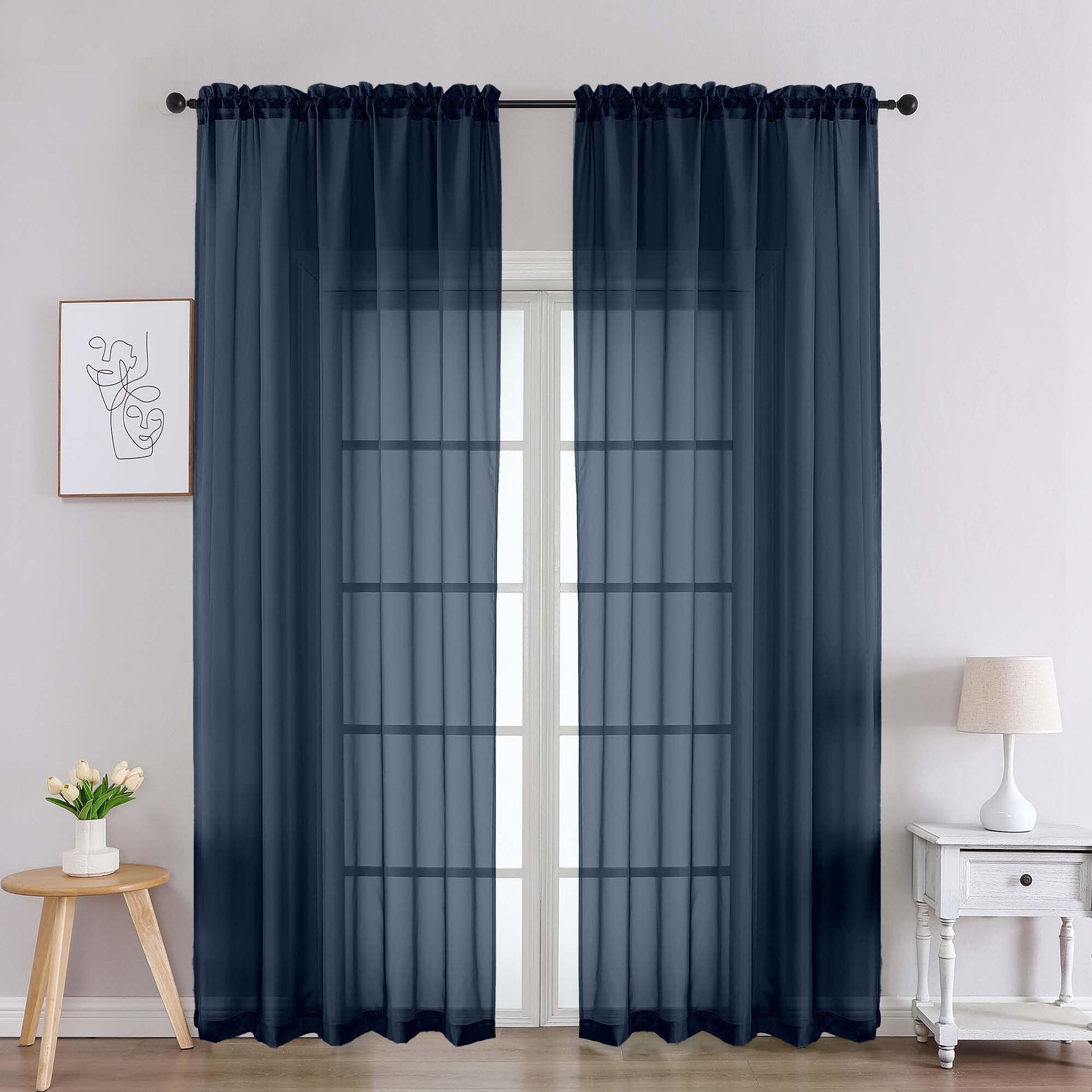 Navy Blue Sheer Curtains 90 Inches Long 2 Panels (2 Count)