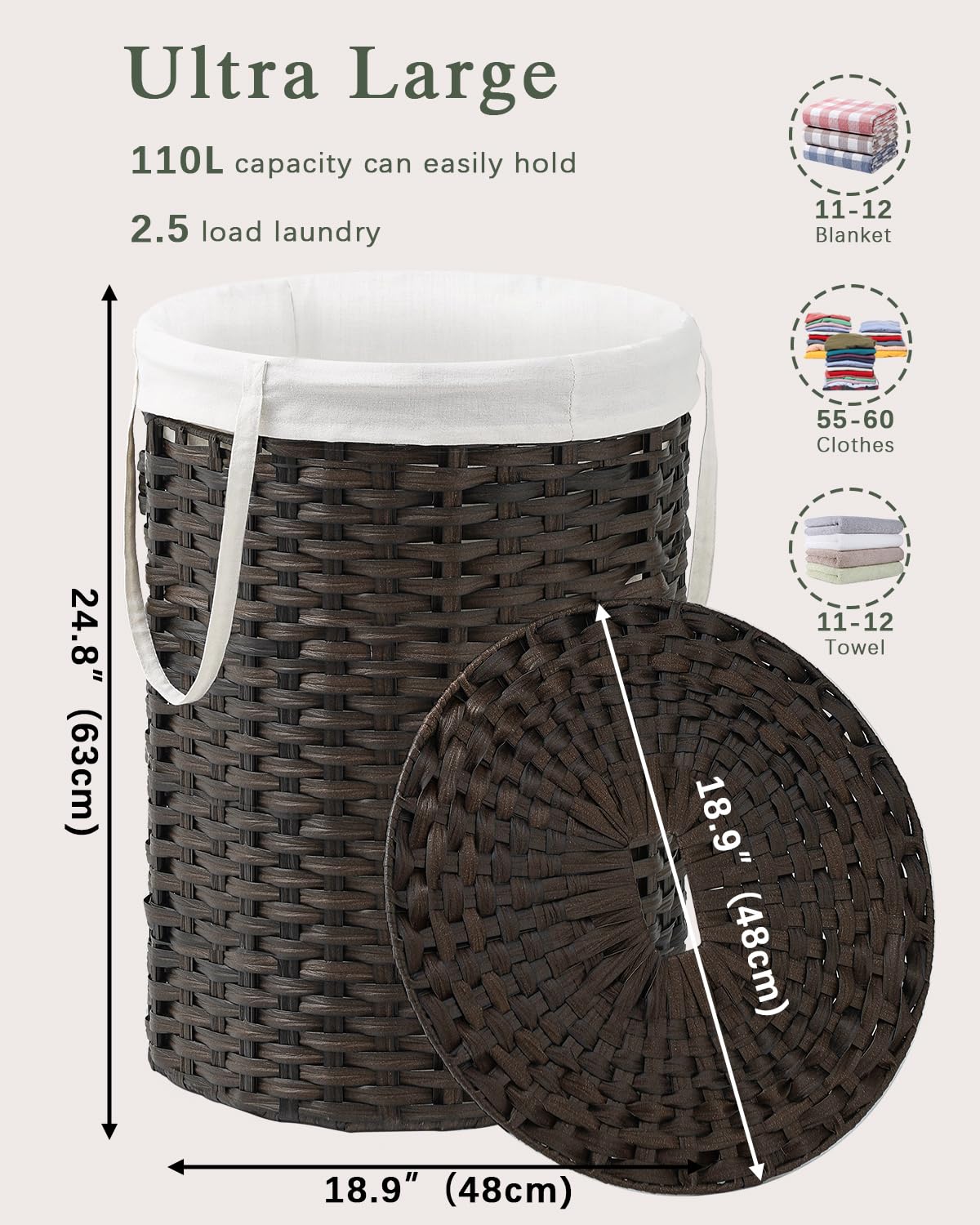 Laundry Basket with Lid Round Rattan PE Laundry Hamper