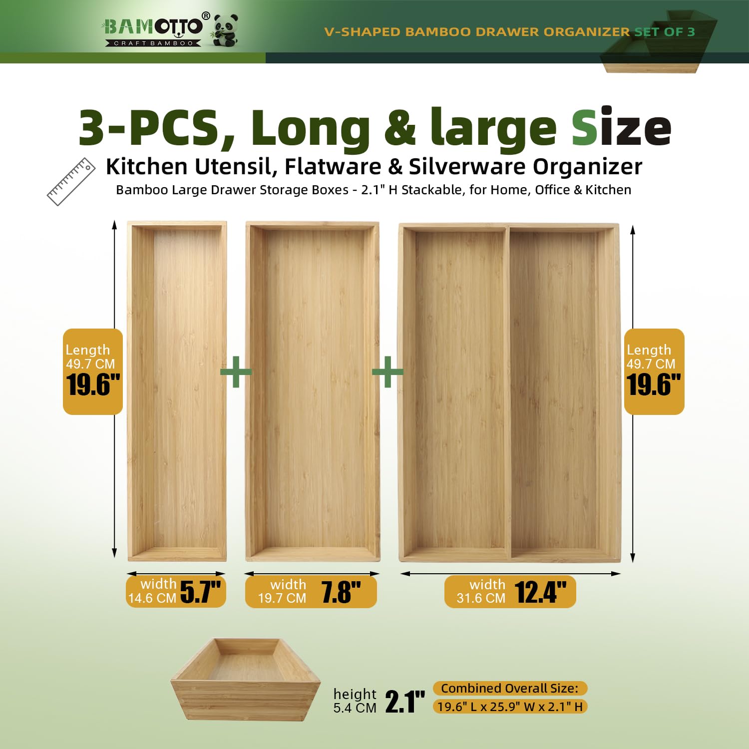 Large Long V Shaped Bamboo Drawer Organizer Set of 3 (78.4 Ounce)