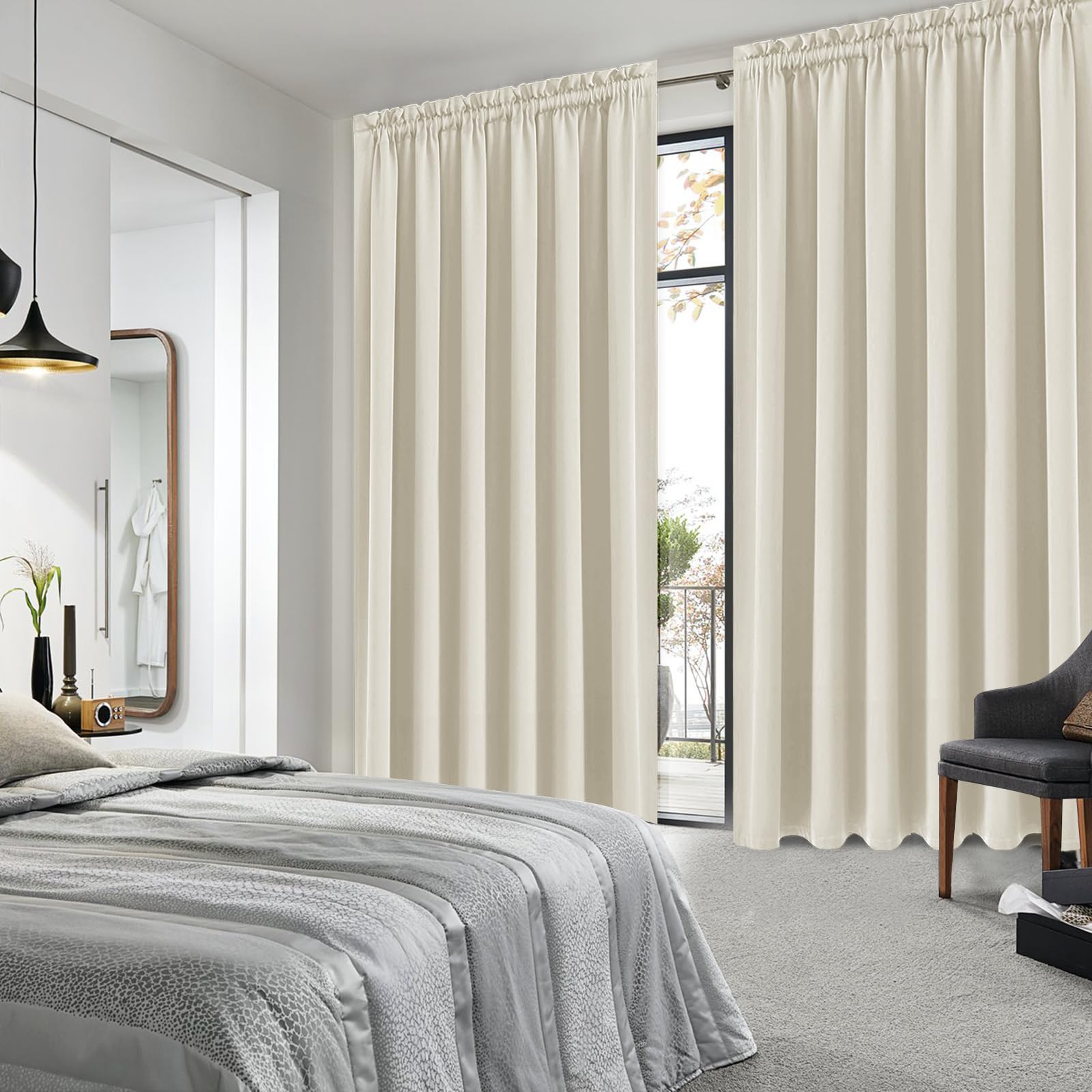 Wide Blackout Curtains for Bedroom 70 x 84 Inch Long Light Beige (2 Count)