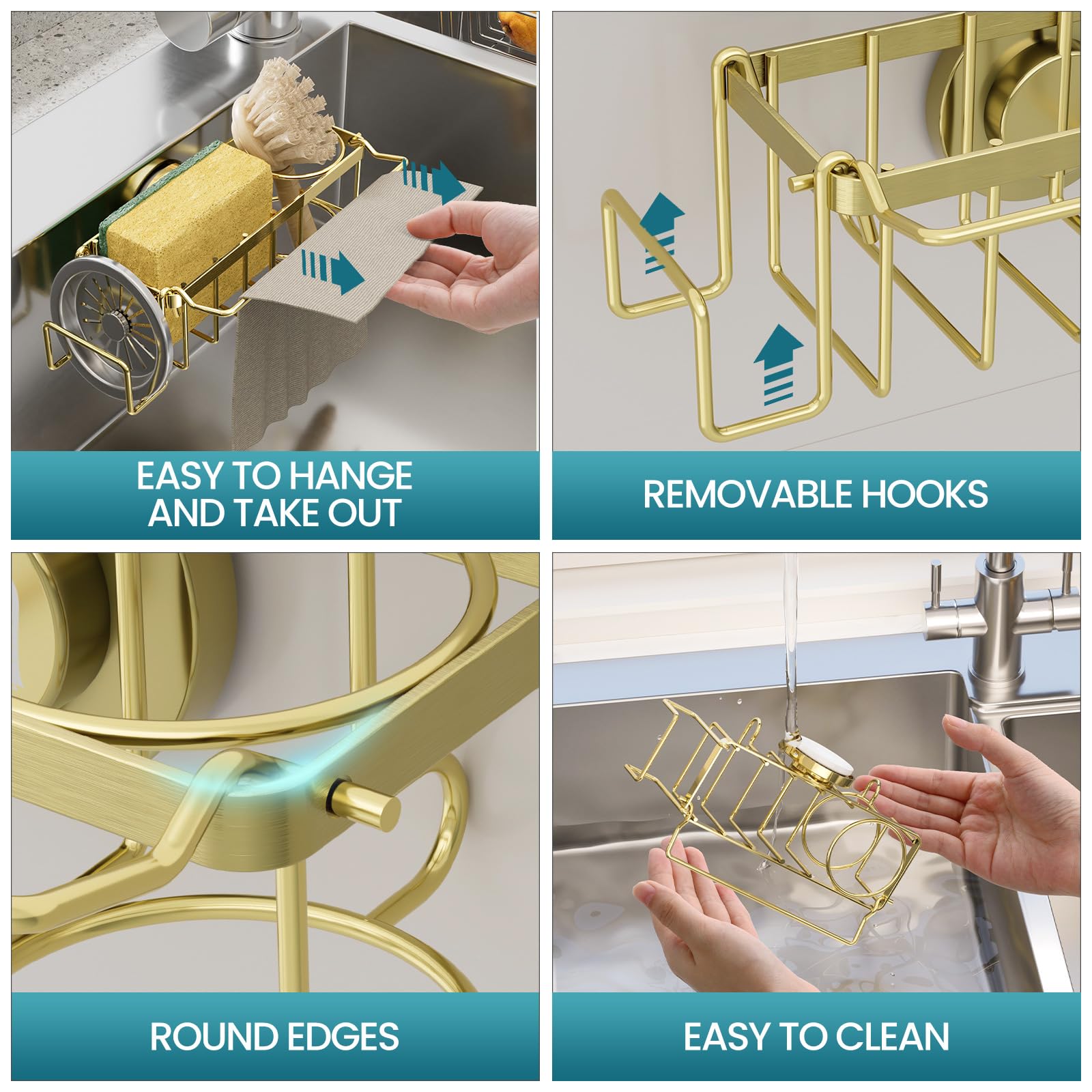 4-in-1 Sink Sponge Holder for Kitchen with Strong Suction Cup-Gold