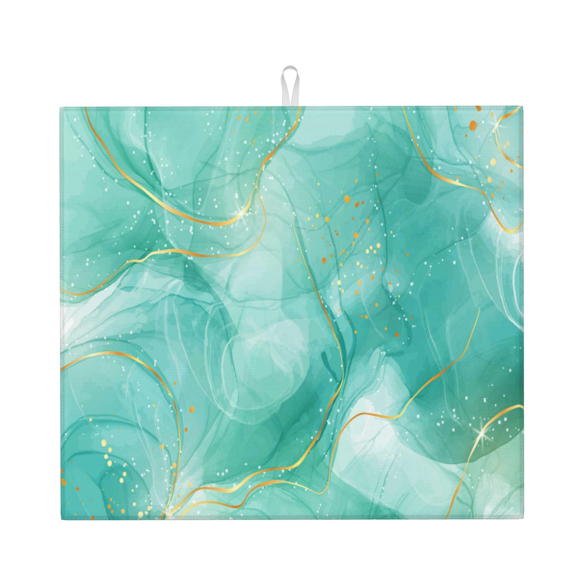 Teal Gold Marble Dish Drying Mat for Kitchen Counter 16x18 Inch