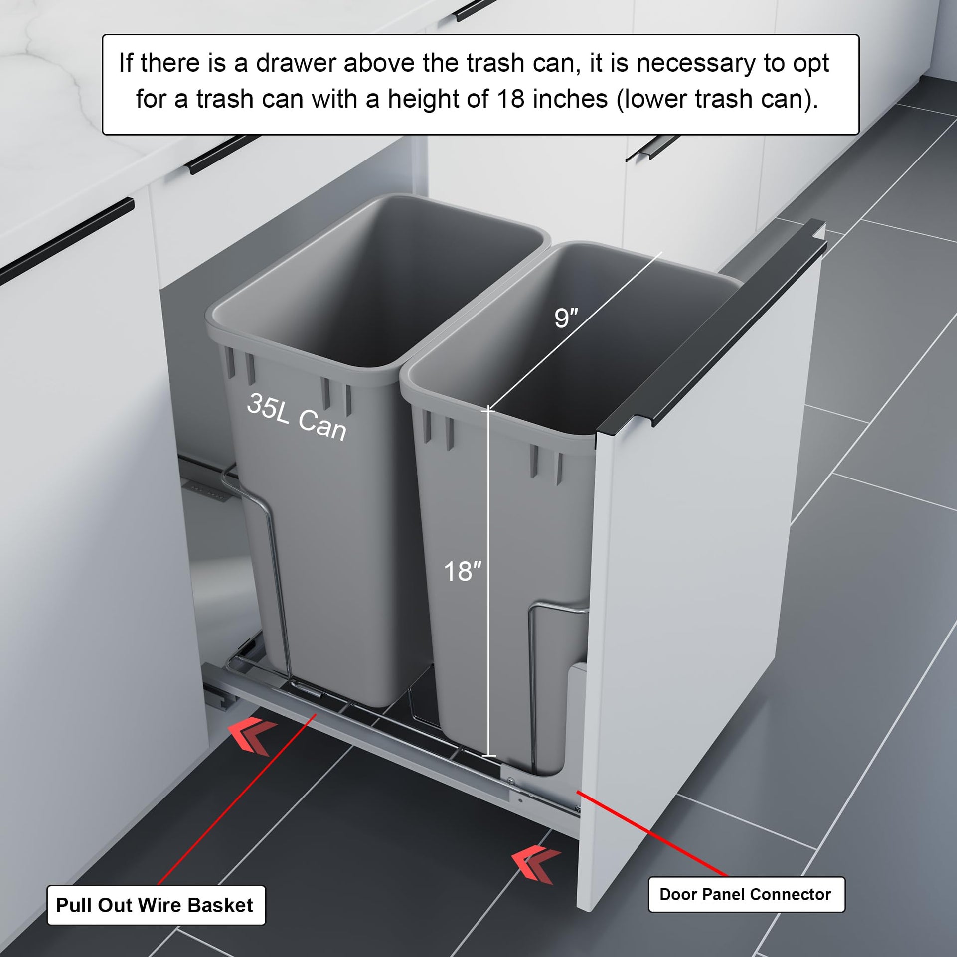 Dowell B18 Aluminum Base Wastebasket Pullout with Door Mount and Two 35Qt (2 Count)