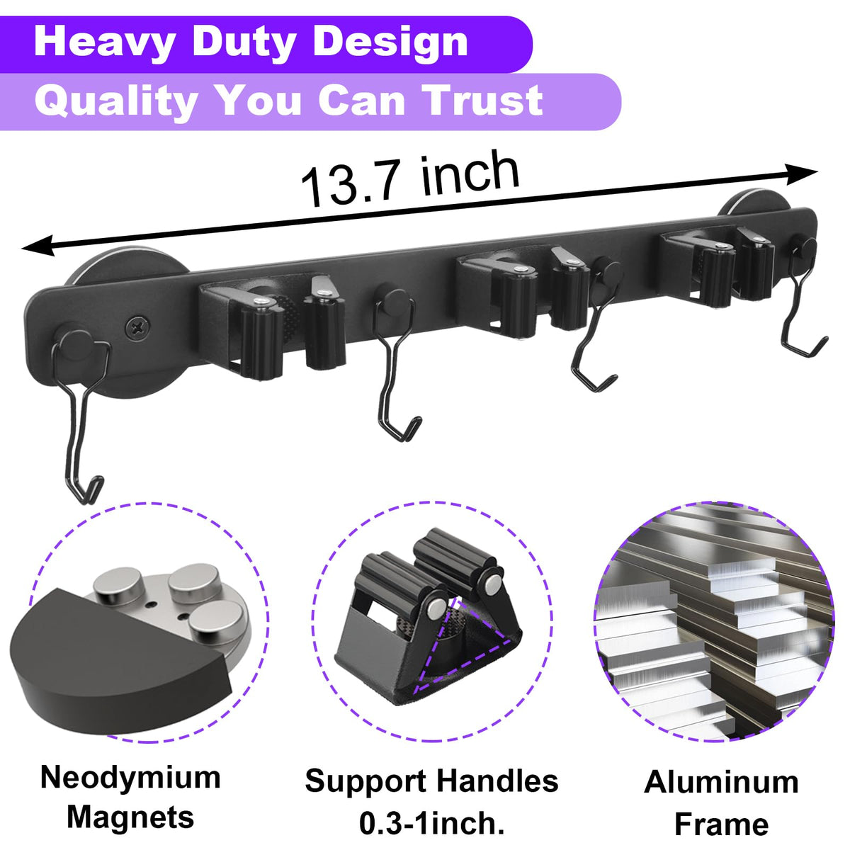 Heavy Duty Magnetic Mop Broom Holder with Swivel Hooks