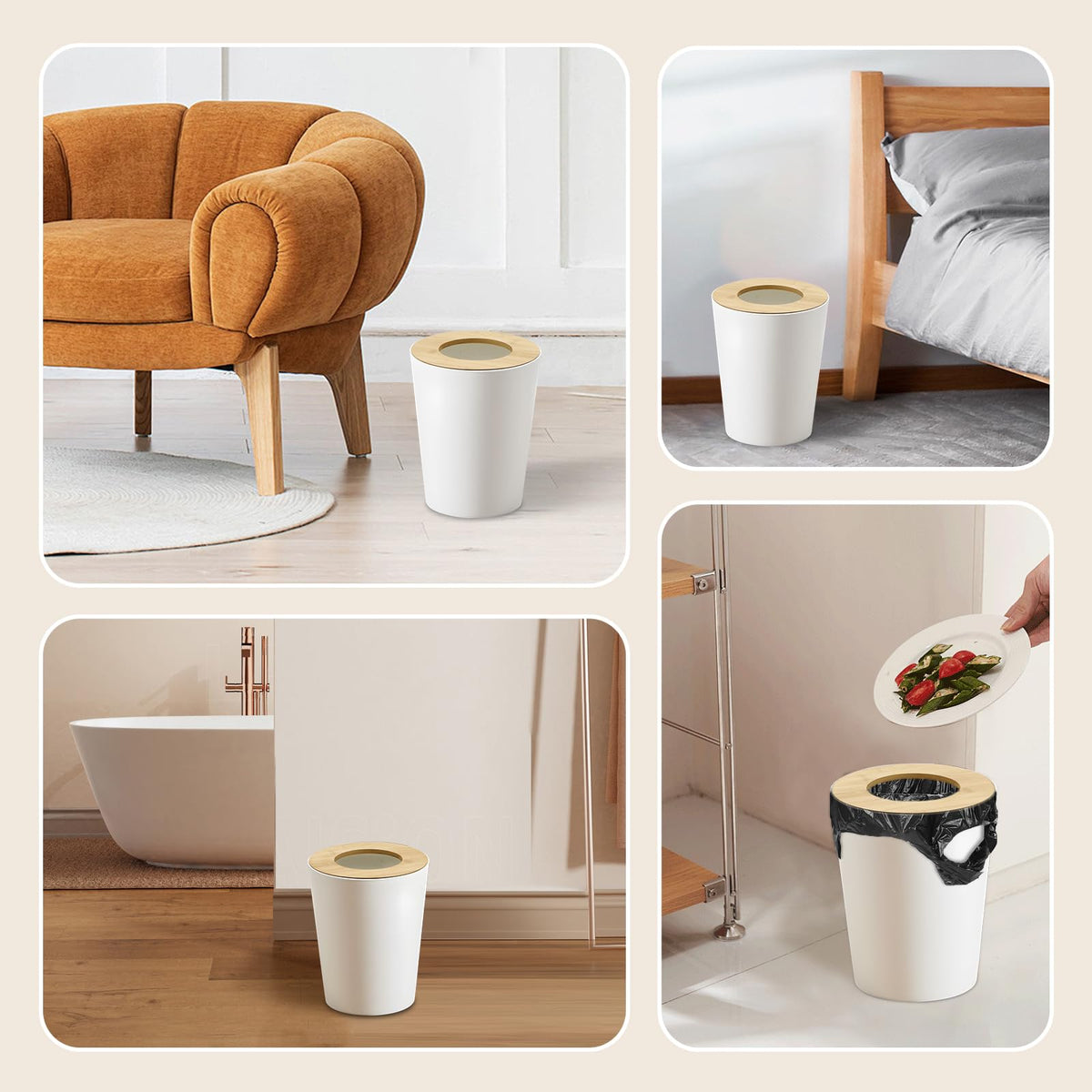 White Trash Can for Bedroom with Bamboo Lid (2 Count)
