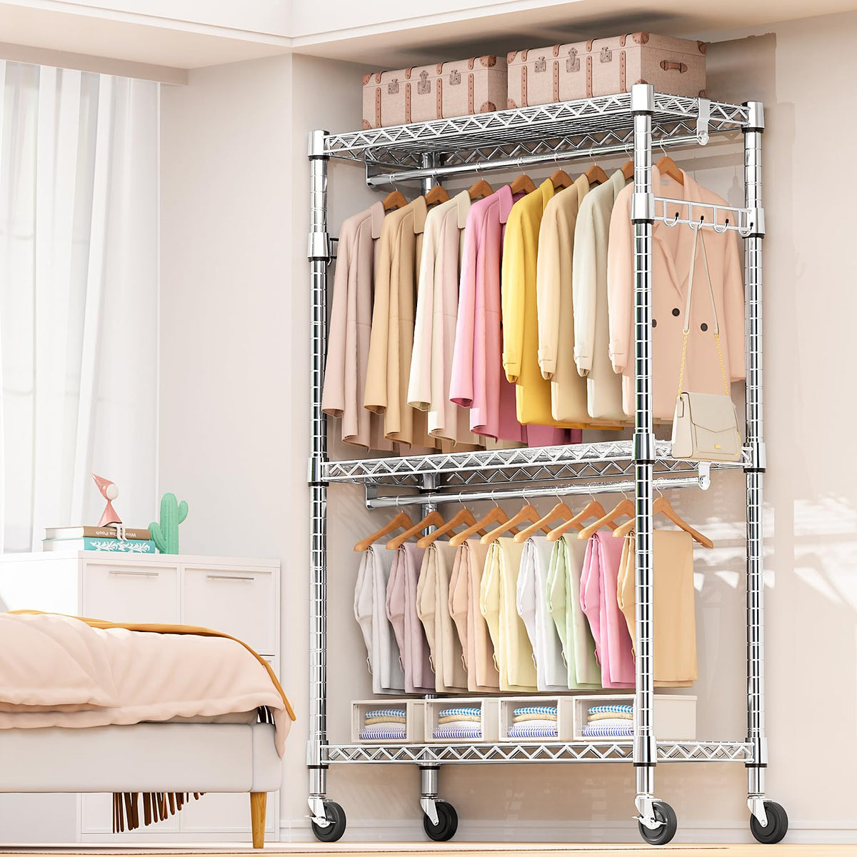 Heavy Duty Rolling Garment Rack 3 Tiers Adjustable Wire Shelving Clothes Rack with 2 Rods and Side Hooks