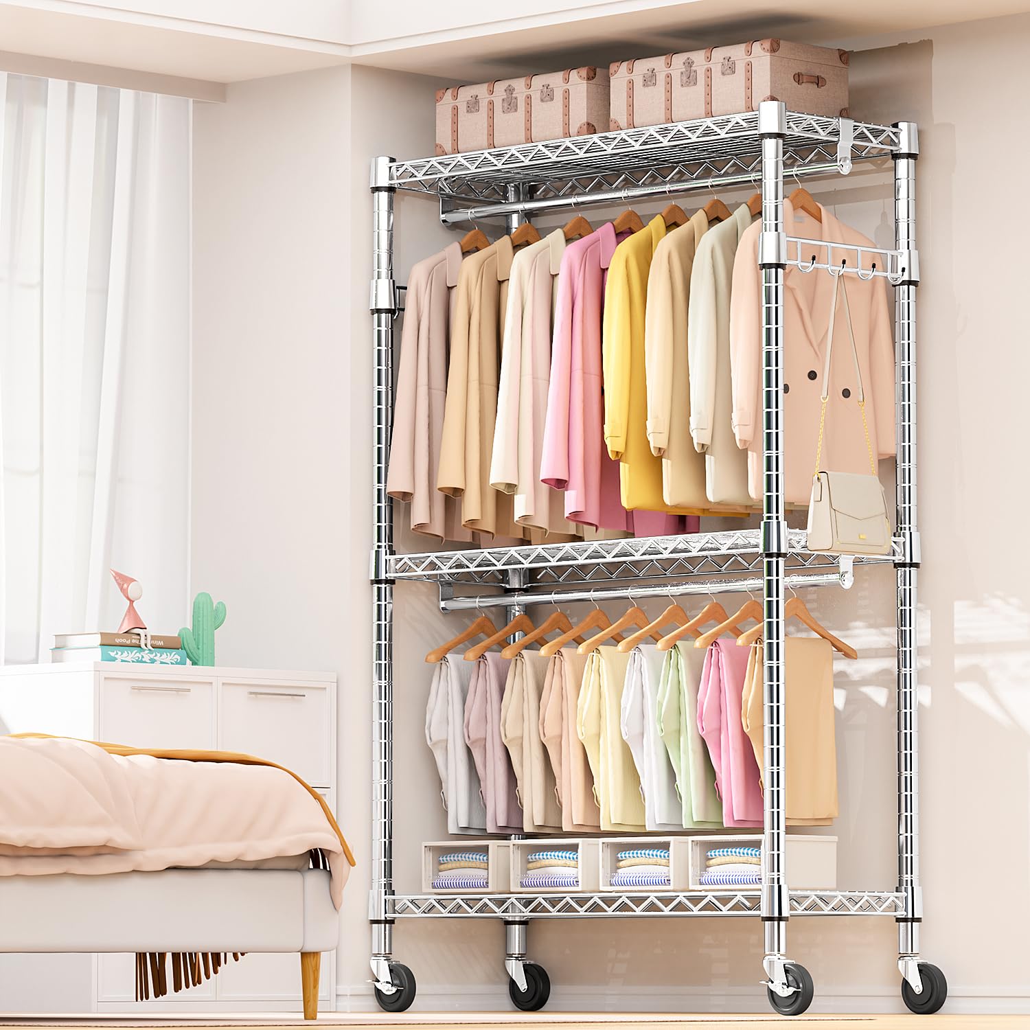 Heavy Duty Rolling Garment Rack 3 Tiers Adjustable Wire Shelving Clothes Rack with 2 Rods and Side Hooks