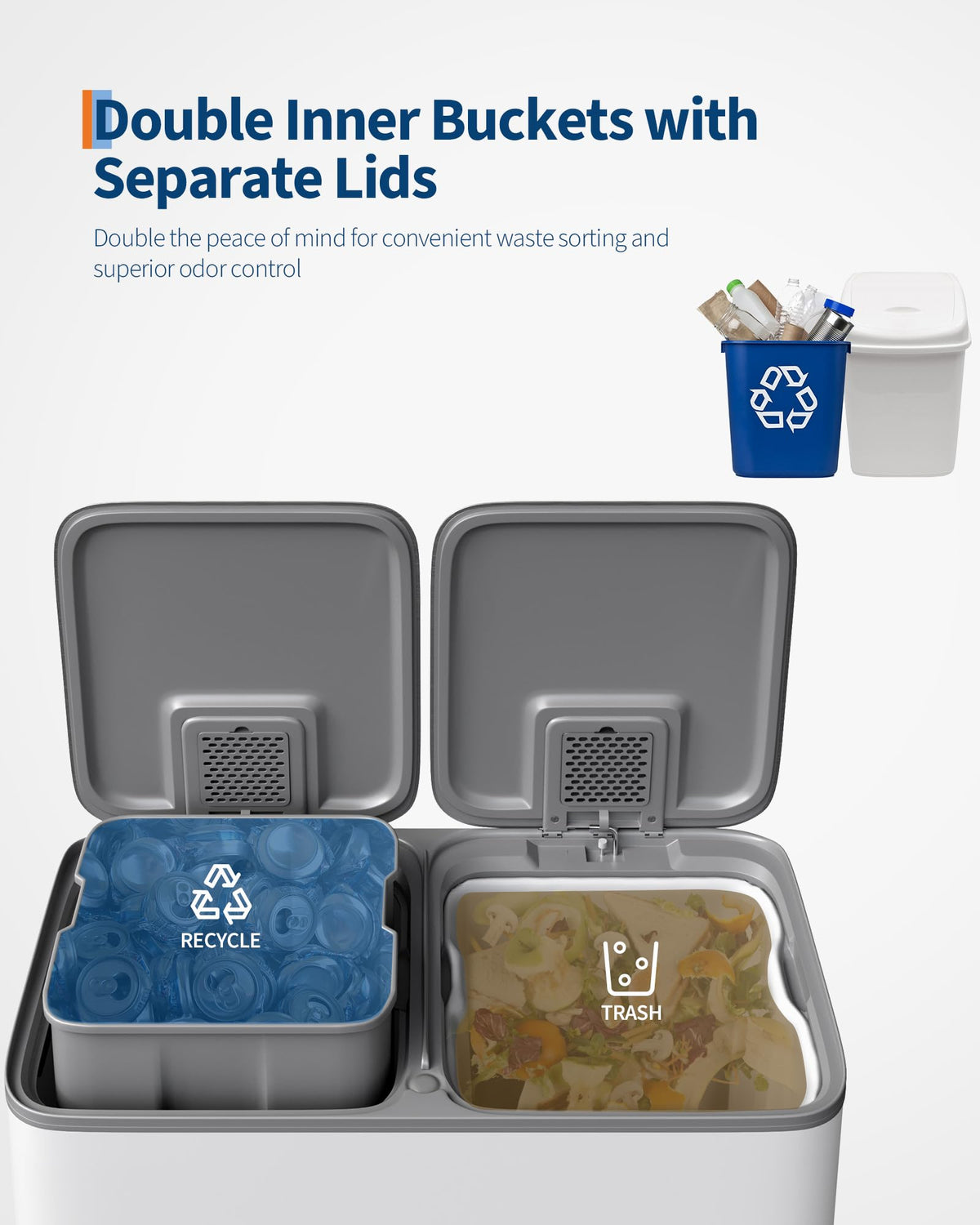 2 x 10.6 gal Stainless Steel Double Trash Can with Lid for Kitchen