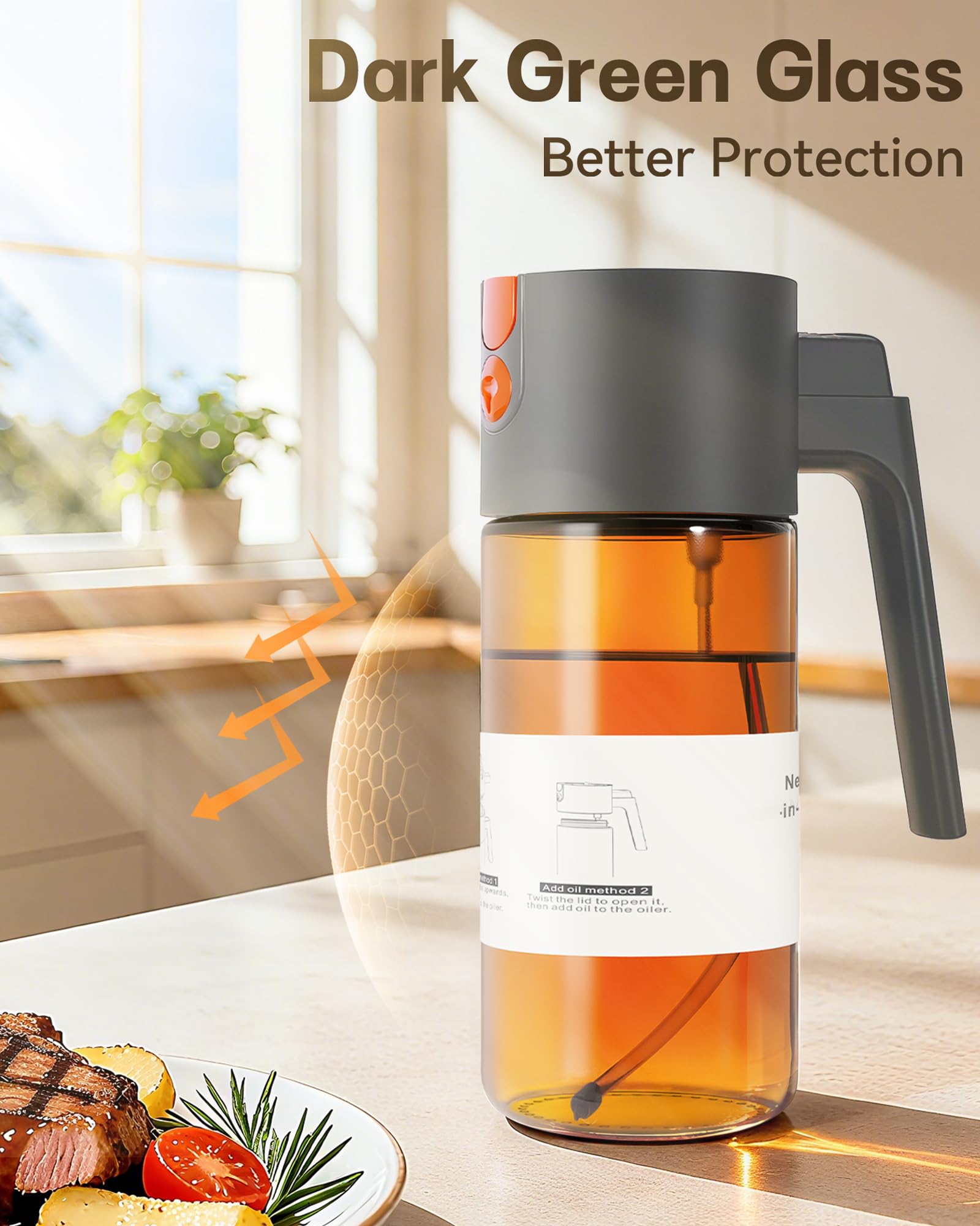 Olive Oil Sprayer & Dispenser Bottle for Cooking 17oz Dark Glass Oil Mister