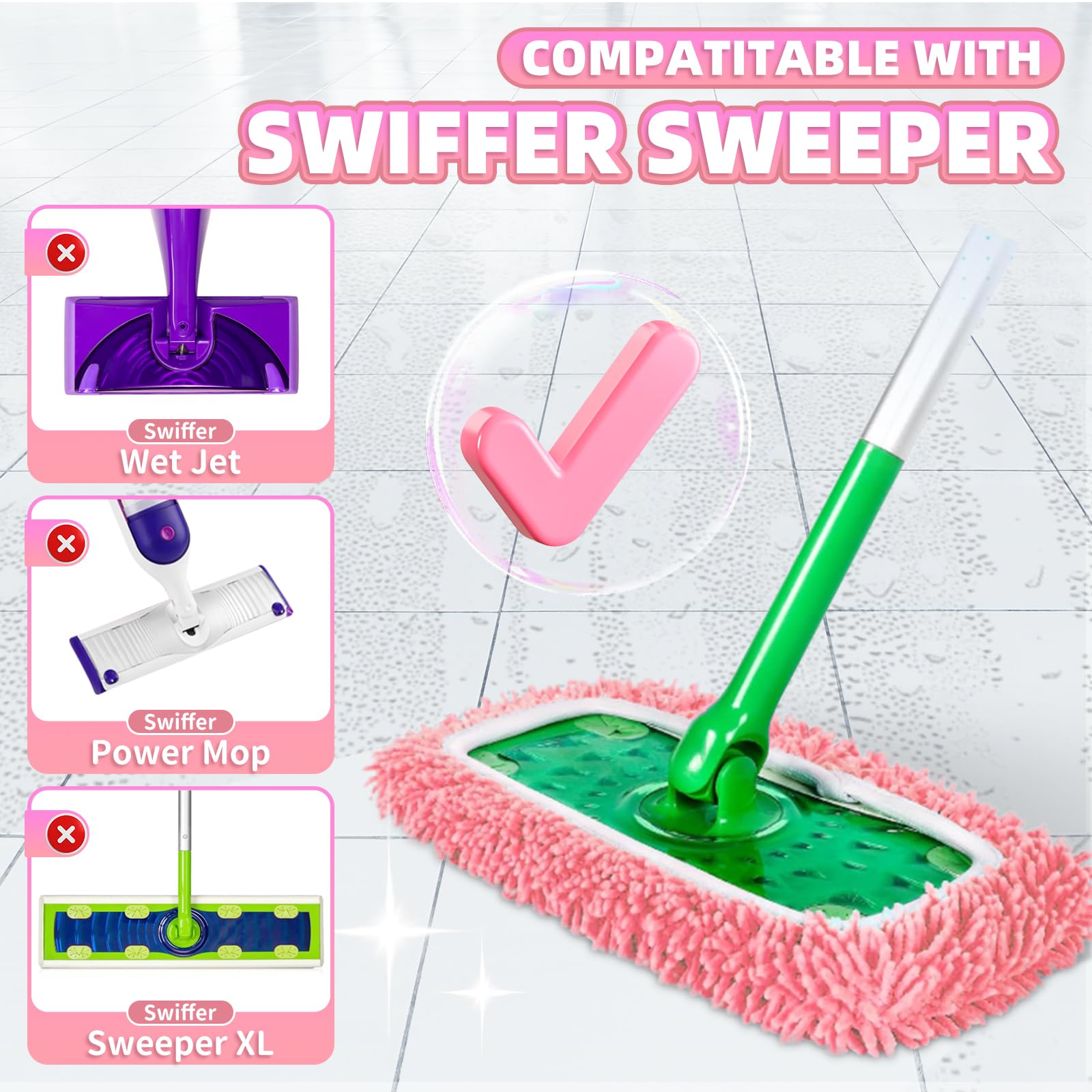 8 Pack Pink Reusable Chenille Mop Pads Fit for Swiffer Sweeper (8 Count)