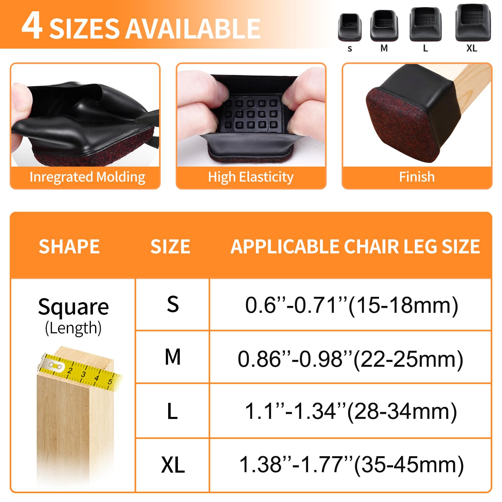 24 Pcs Black Square Chair Leg Floor Protectors with Felt (24 Count)