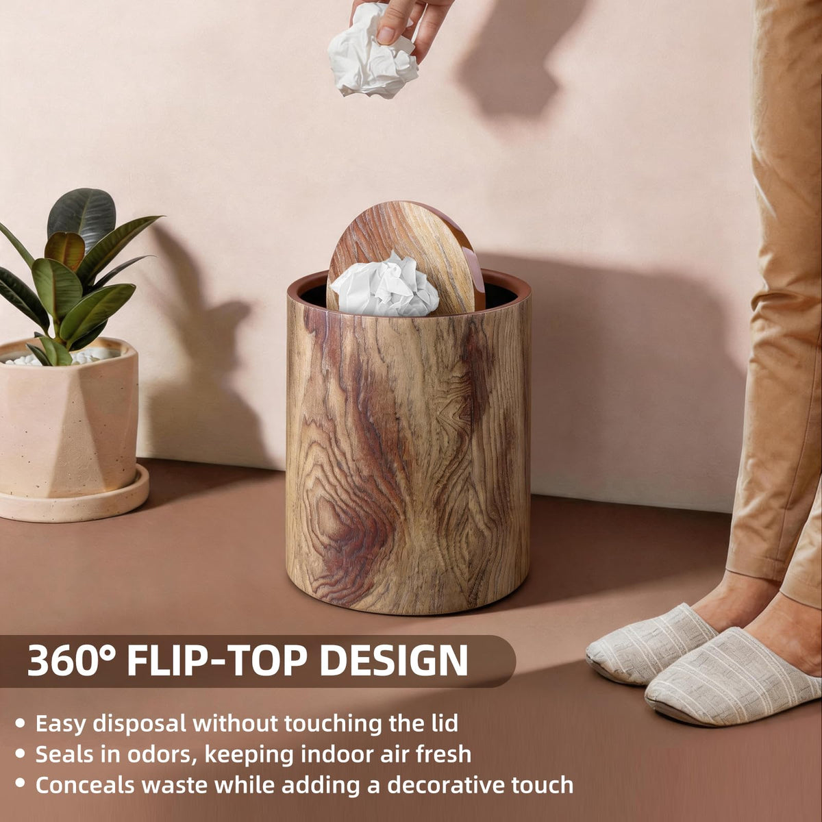 Wood Grain Plastic Trash Can Swing Top Lid (2 Count)
