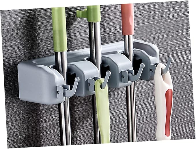 Multi-function Mop Holder Buckles Hooks Wall-mounted Organizer for Brooms Mops Kitchen and Bathroom Grey Plastic Design for Efficient Storage
