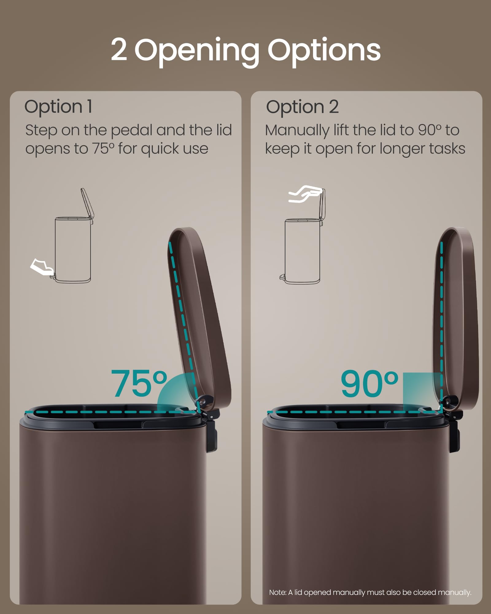 20-Gallon (75 L) Trash Can, Stainless Steel Kitchen Garbage Can, Recycling or Waste Bin, Soft Close, Step-On Pedal, Removable Inner Bucket, Brown ULTB075MZ01