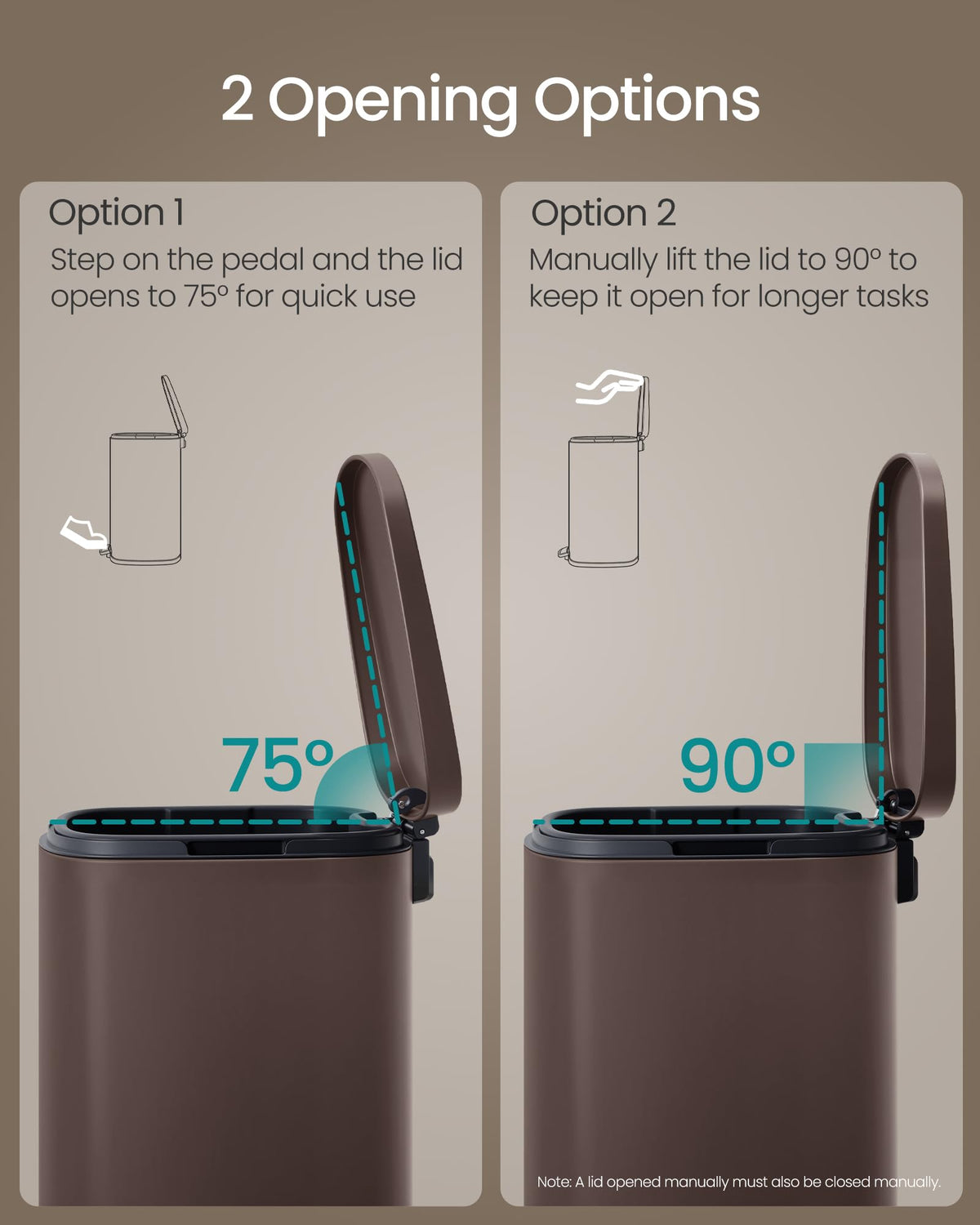 20-Gallon (75 L) Trash Can, Stainless Steel Kitchen Garbage Can, Recycling or Waste Bin, Soft Close, Step-On Pedal, Removable Inner Bucket, Brown ULTB075MZ01