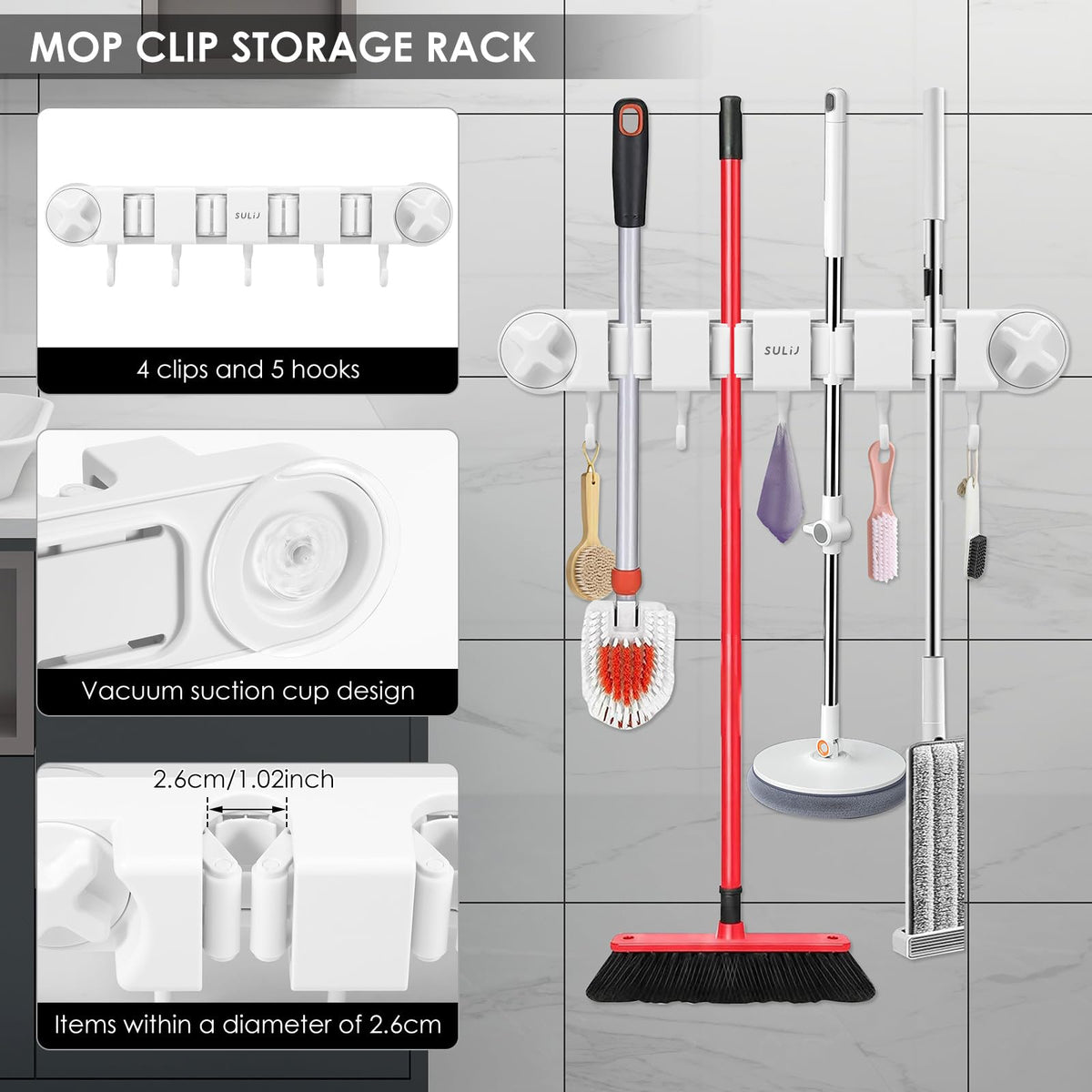 Broom Holder Wall Mount Sturdy Mop and Broom Organizer with 4 Racks and 5 Hooks Vacuum Suction Cup Broom Mop Holder for Home