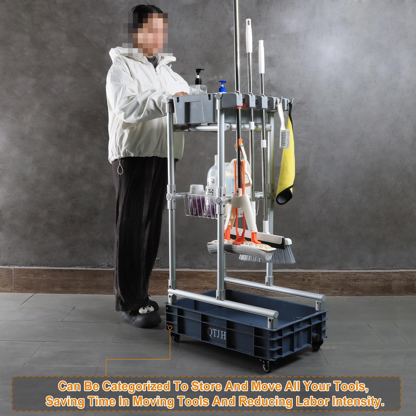 Rolling Cleaning Cart with Mop & Broom Organizer