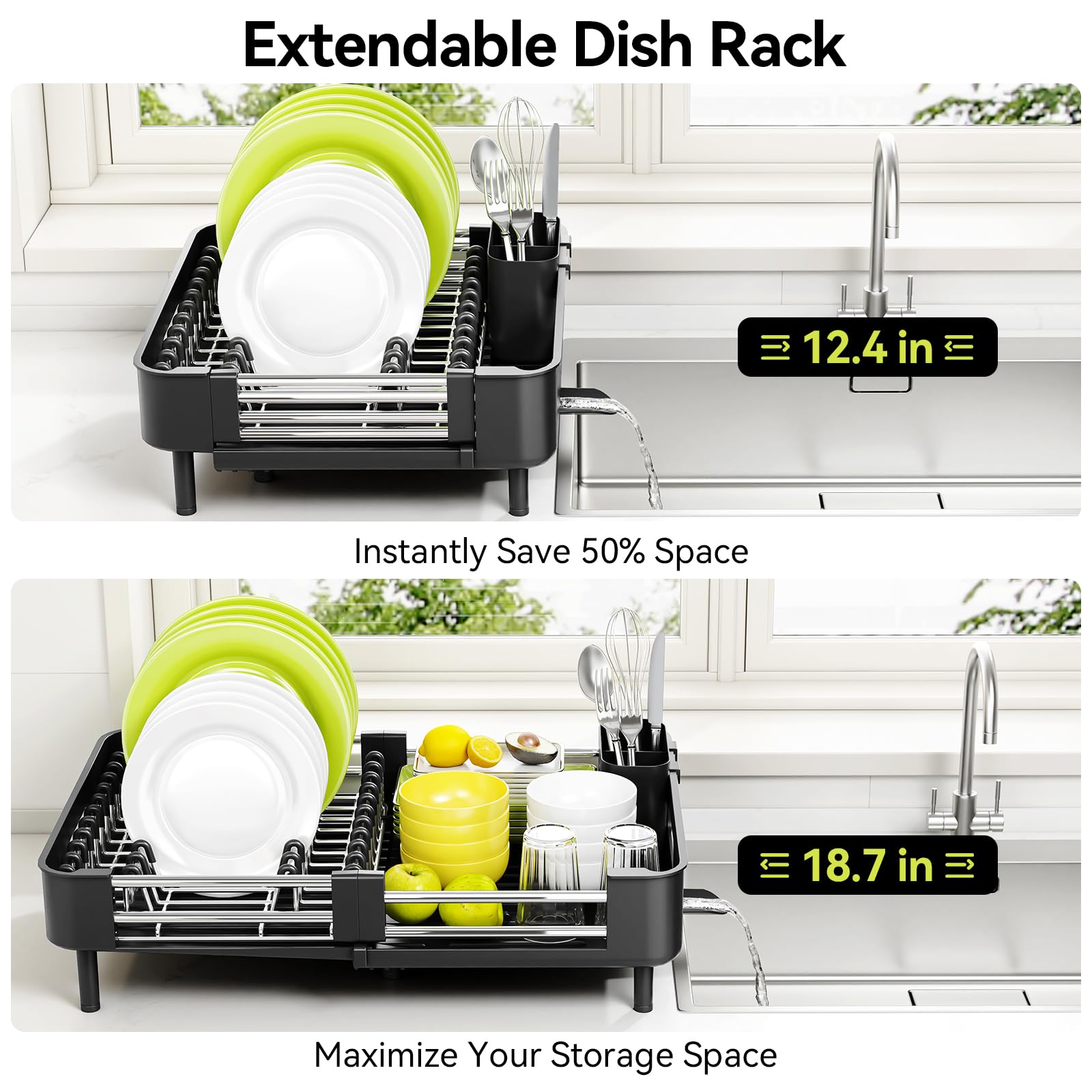 Extendable Stainless Dish Drying Rack for Kitchen Counter