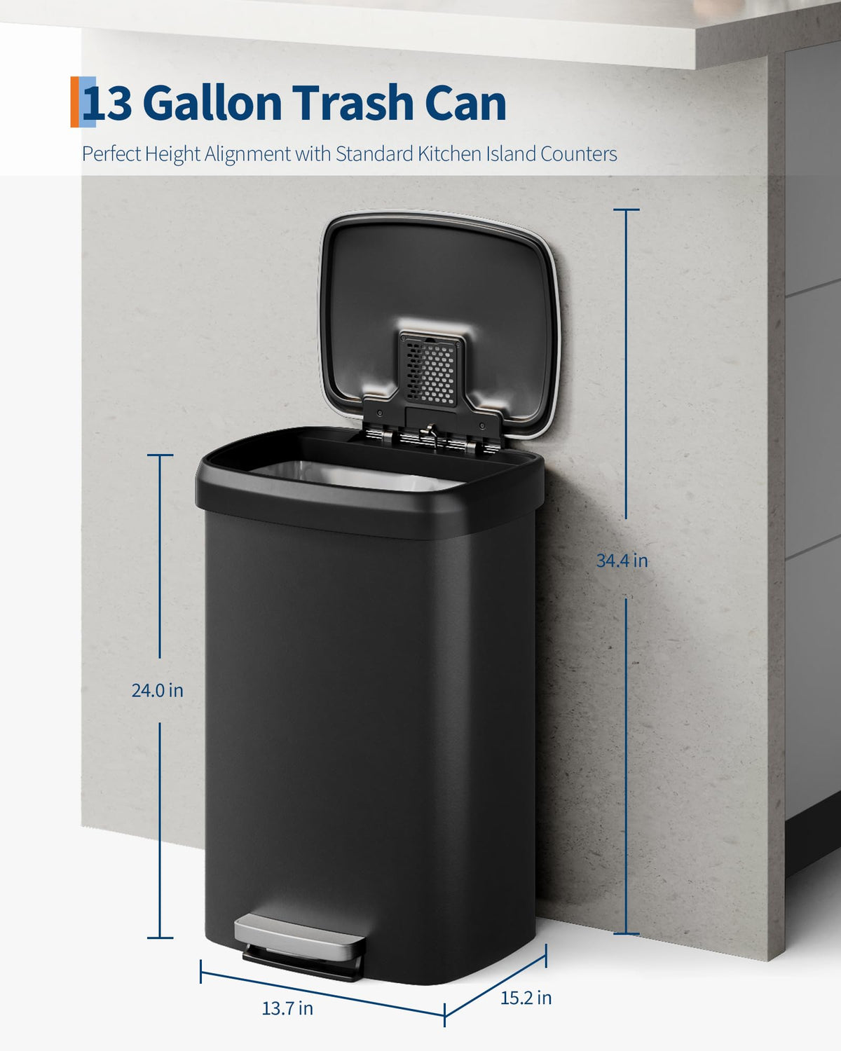 13 Gal 50L Large Plastic Trash Can for Kitchen