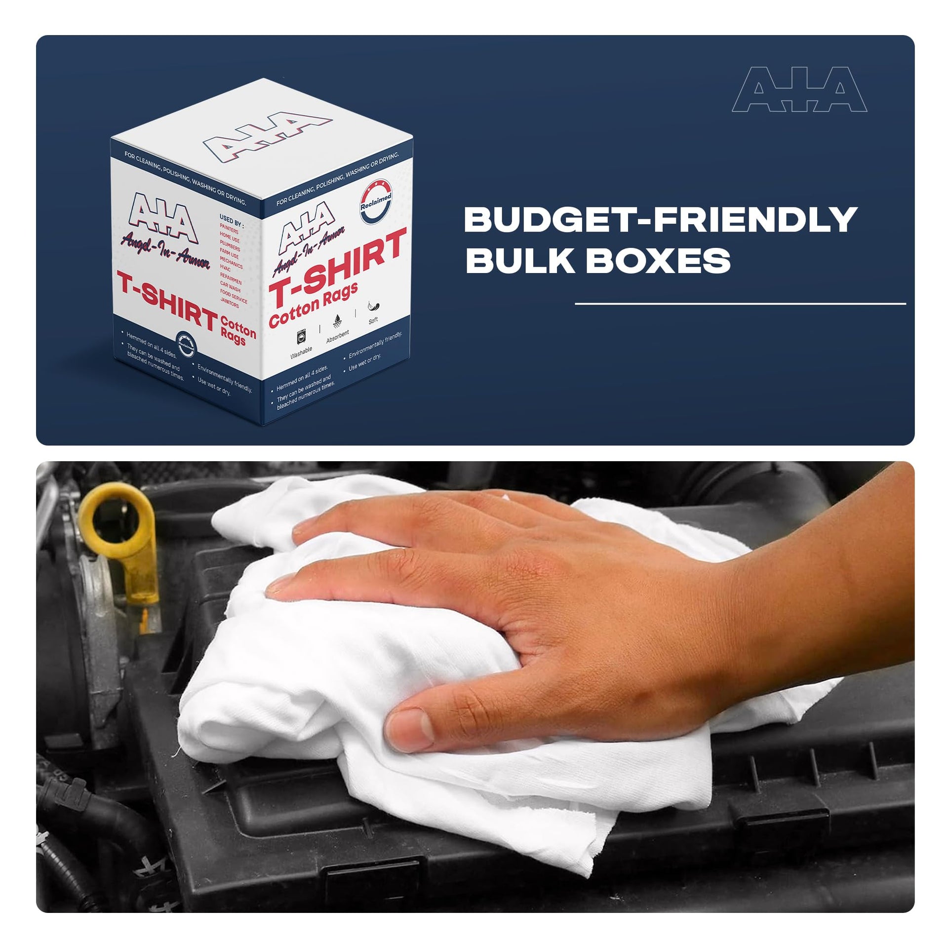 Angel-in-Armor White T-Shirt Rags – 5lb Box of Recycled Cotton Knit Shop Rags (65 Units) – Low Lint Cleaning Cloths for Mechanics, Oil Changes, Industrial and Commercial Use (50 Count)