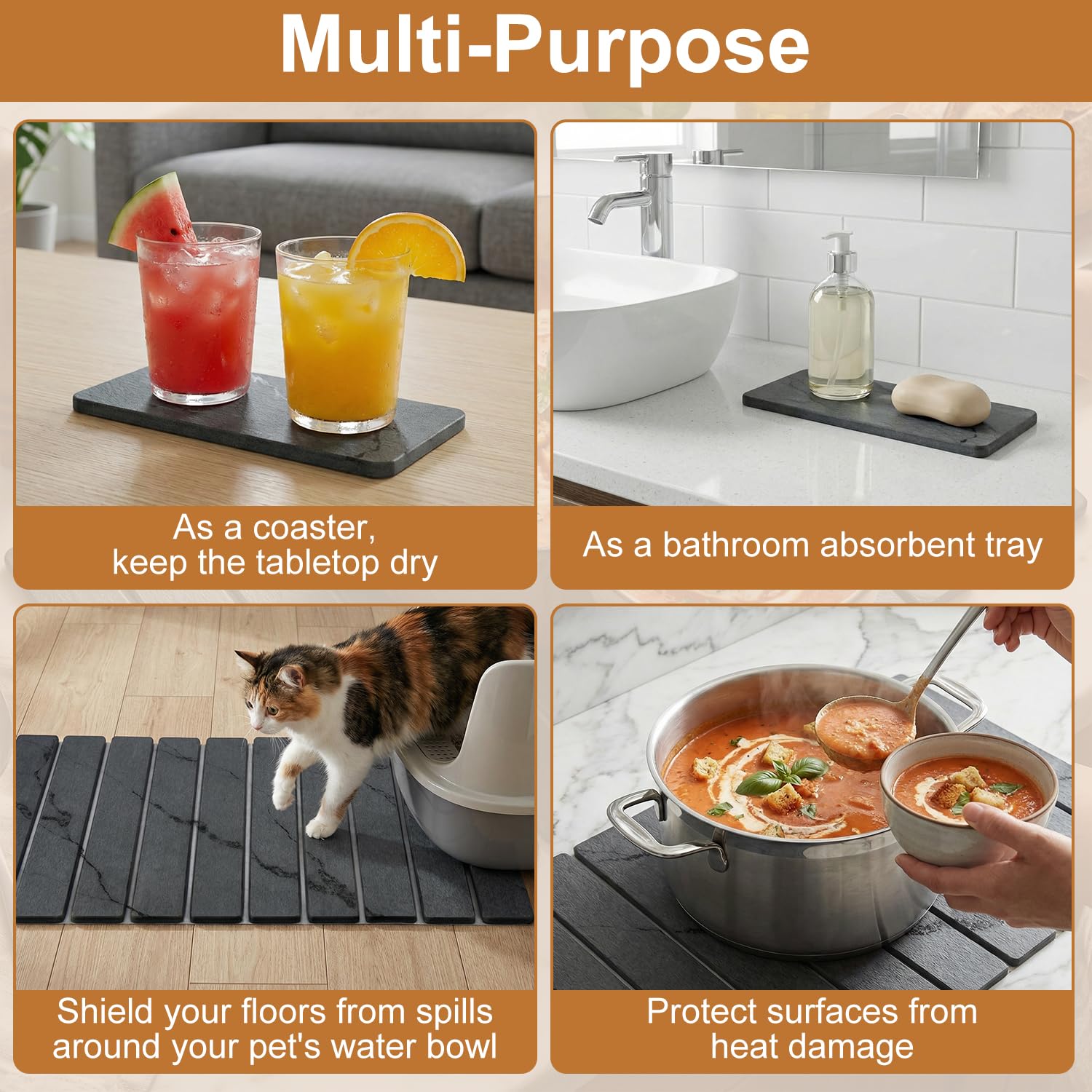 3 Large Stone Drying Mat for Kitchen Counter Black Quick Dry Stone Dish Mat (3 Count)