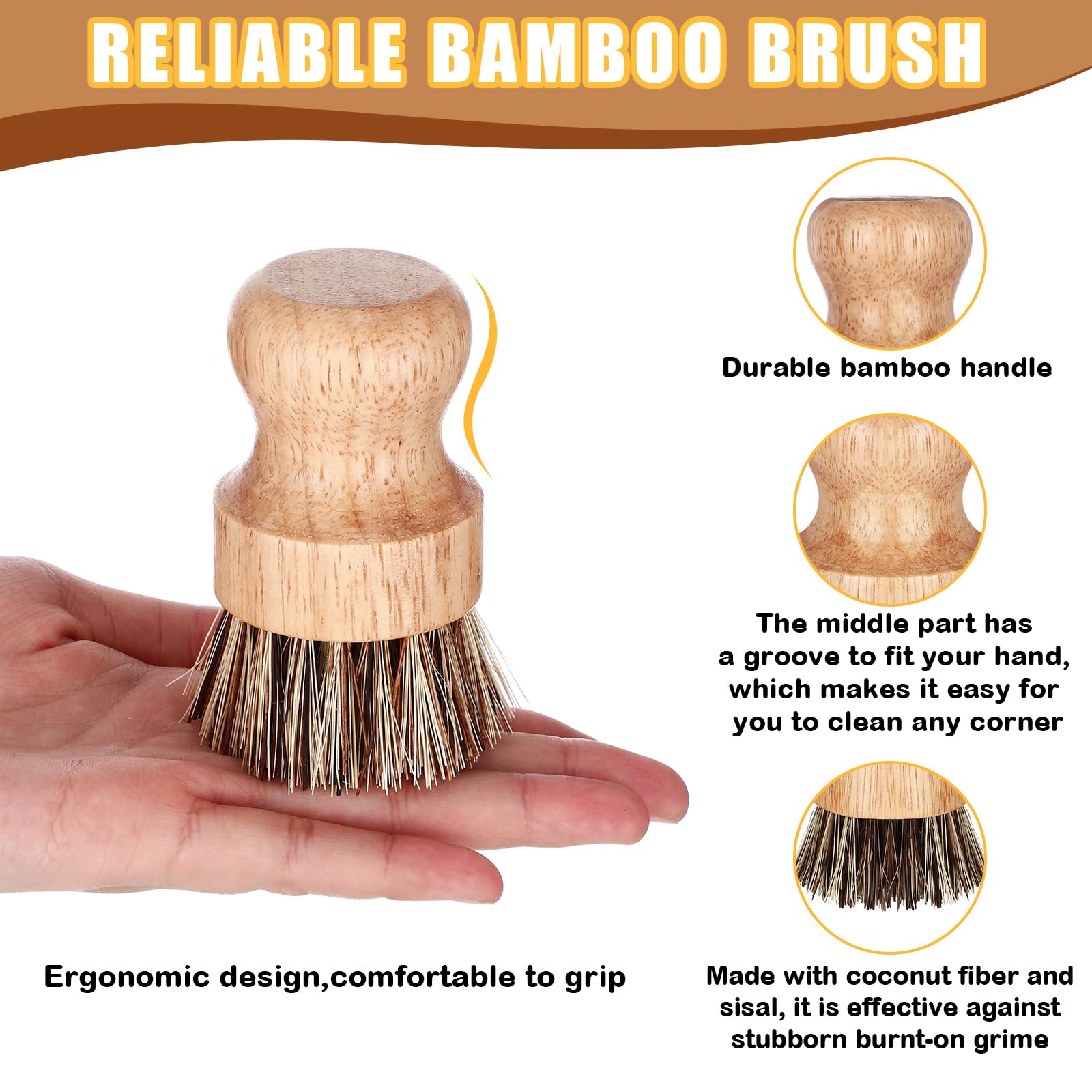 6 Packs Bamboo Dish Scrub Brushes Wooden Scrubbers Set Kitchen Dishwashing Scrubber with Natural Sisal Bristles for Iron Pot Pan Sink (6 Count)