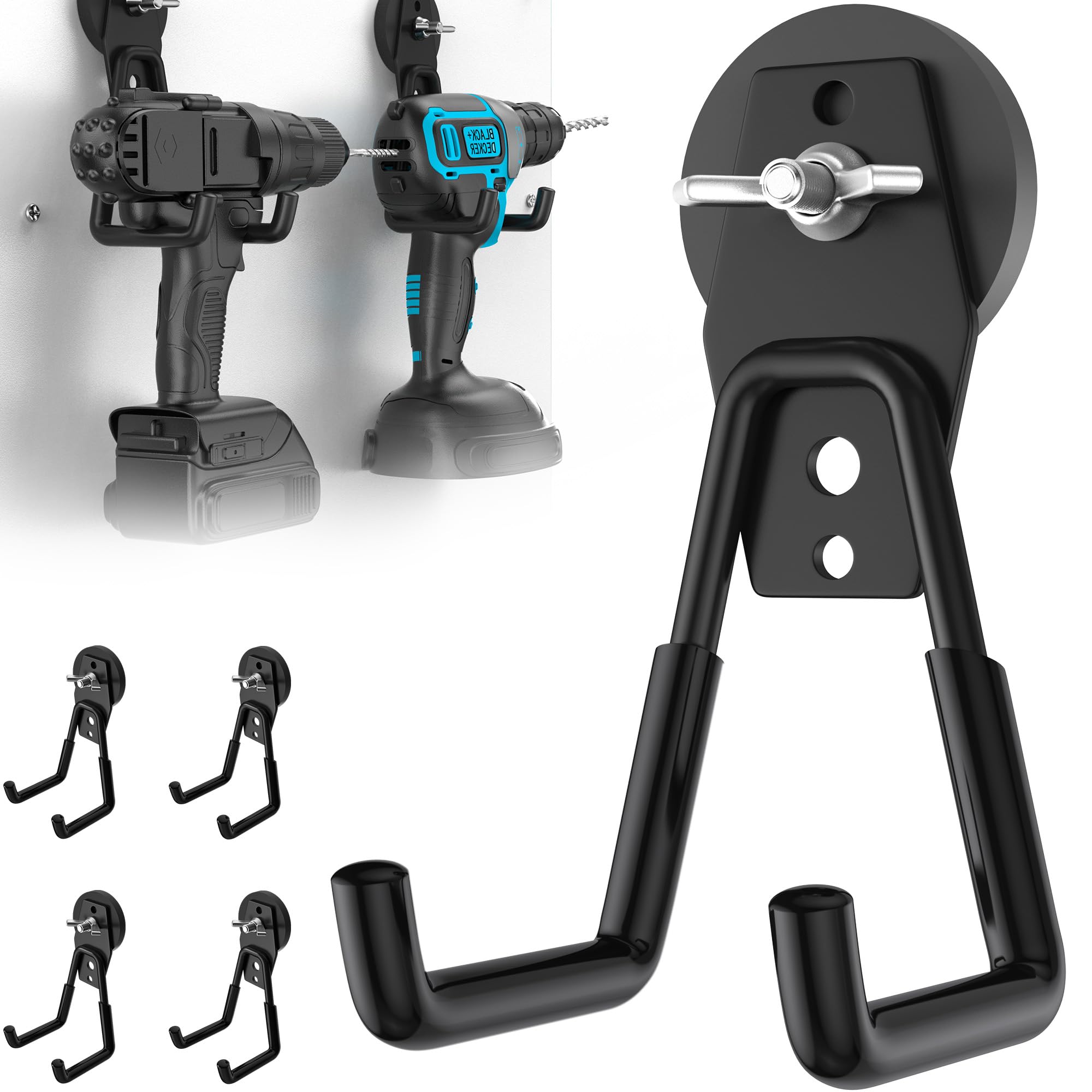 4 Pack Large Strong Magnetic Hooks Heavy Duty Garage Big Magnet Hooks Extra Strength Magnetic Utility Storage Hook Hanger with Anti Slip Coating for Garden Indoor Outdoor Hanging Tools Black (4 Count)