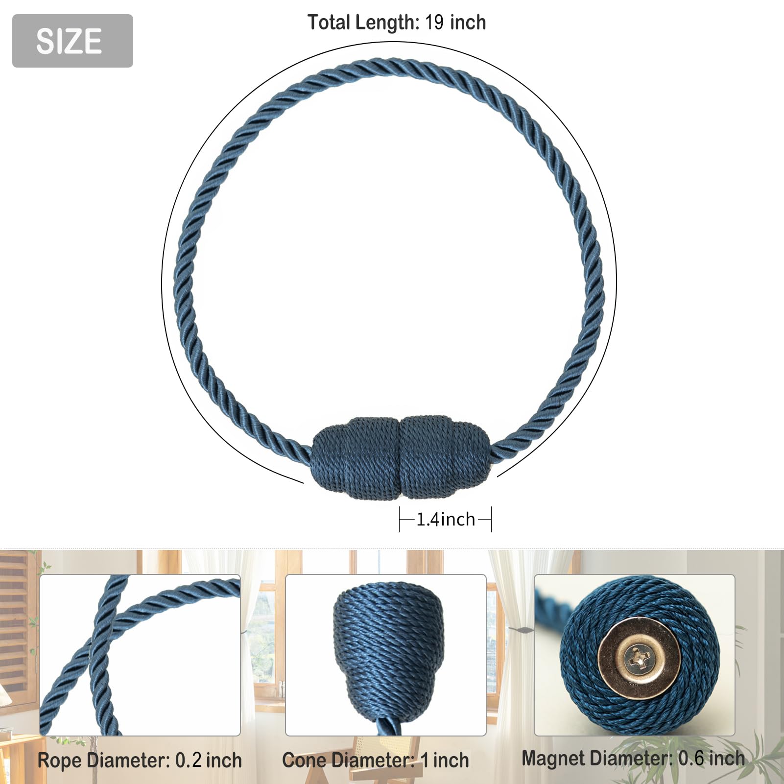 Magnetic Curtain Tiebacks Rope Curtain Tie Backs for Curtains 8 Pack Curtain Holders for Drapes Decorative Window Curtain Holdbacks (8 Count)
