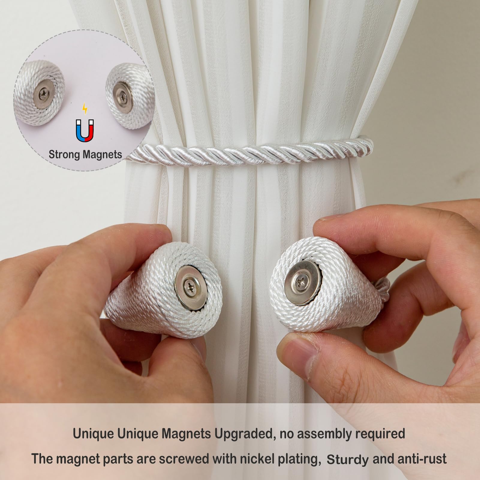 Magnetic Curtain Tiebacks 4 Pack Outdoor Rope Curtain Tie Backs Decorative Window Treatment Holdbacks for Home Decorative Curtain (4 Count)
