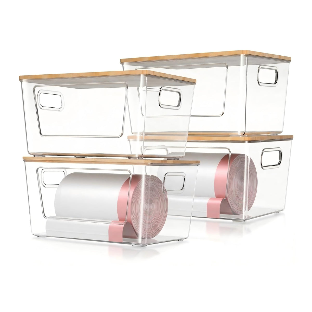 4 Pack Trash Bag Holder with Bamboo Lid Stackable Trashbag Dispenser
