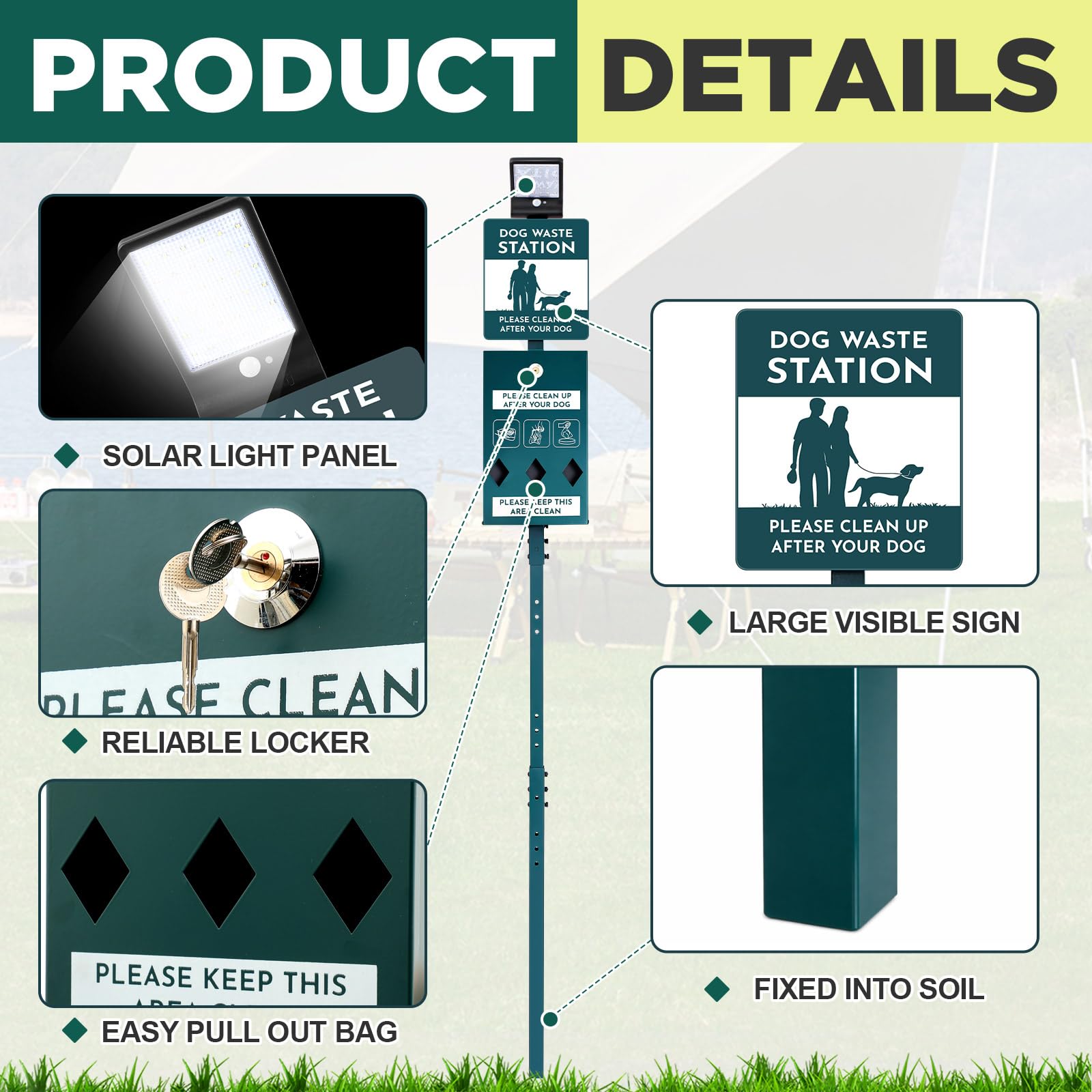 Dog Waste Station with Solar Panels Outdoor Light Up at Night