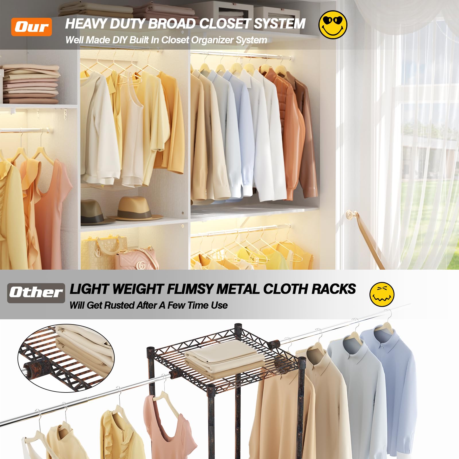 8FT Closet System with 3 Wooden Storage Shelves