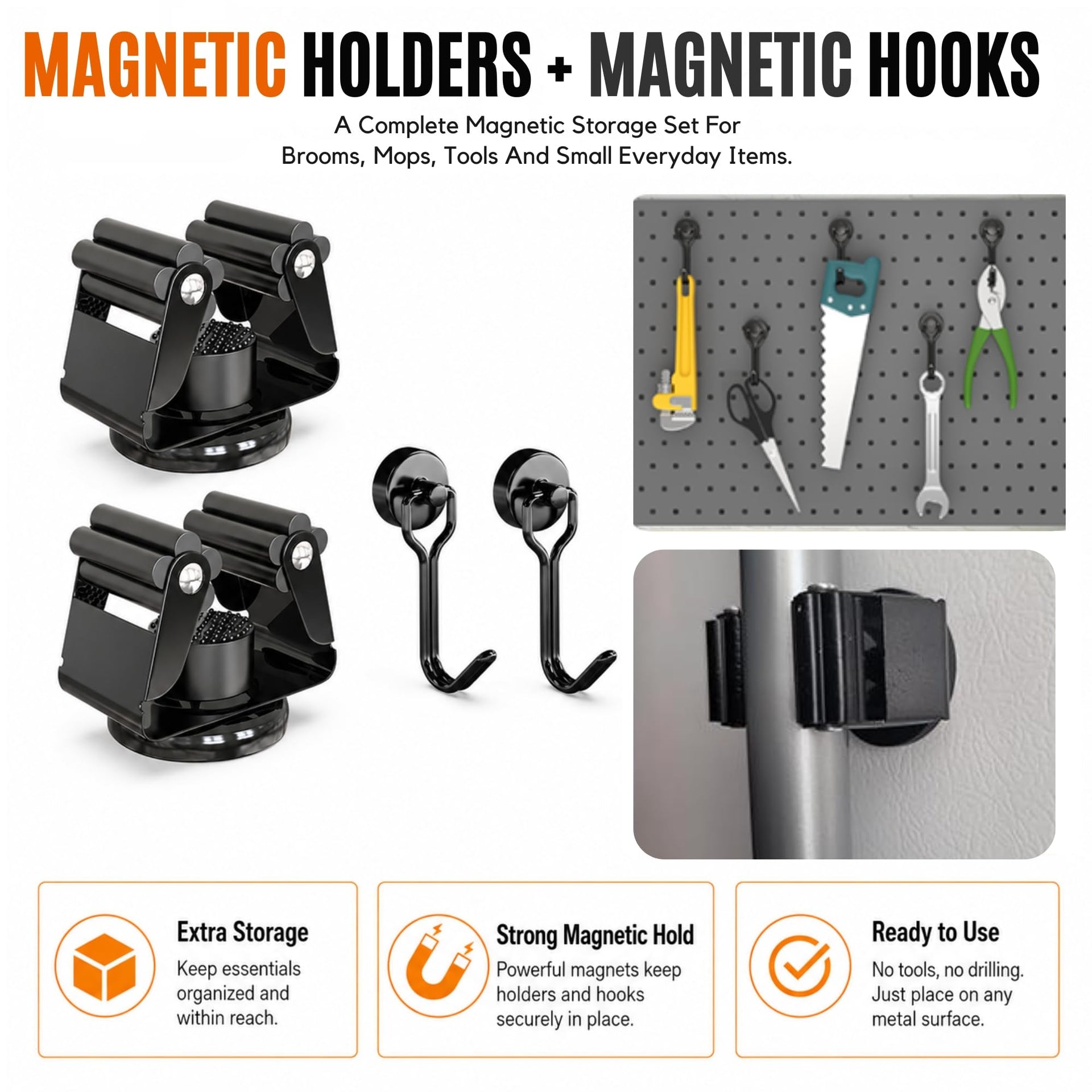 2 Pack Magnetic Broom Holder with 2 Pack Mini Magnetic Hooks (4 count)